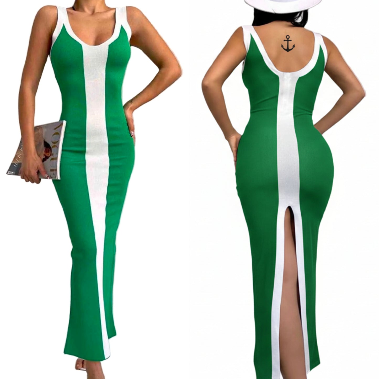 Contrast Colorblock Scoop Neck Fitted Sleeveless Bodycon Back Slit Midi Dress