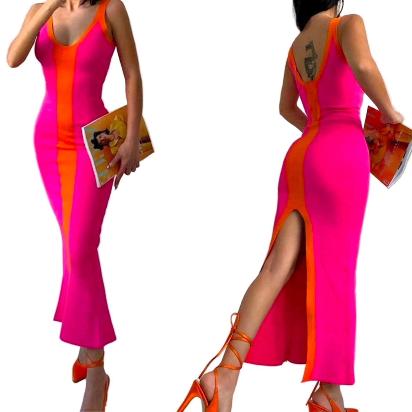 Contrast Colorblock Scoop Neck Fitted Sleeveless Bodycon Back Slit Midi Dress