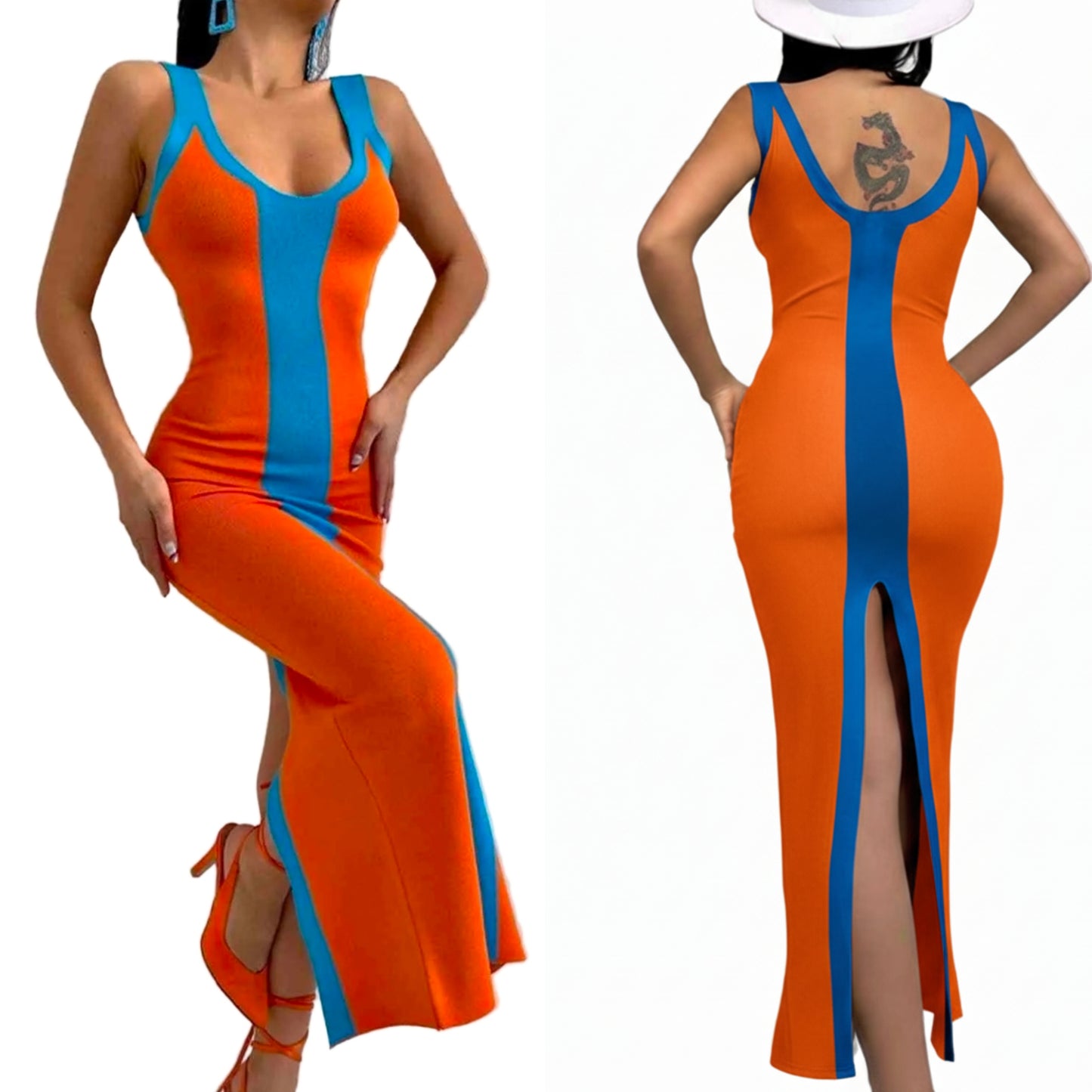 Contrast Colorblock Scoop Neck Fitted Sleeveless Bodycon Back Slit Midi Dress
