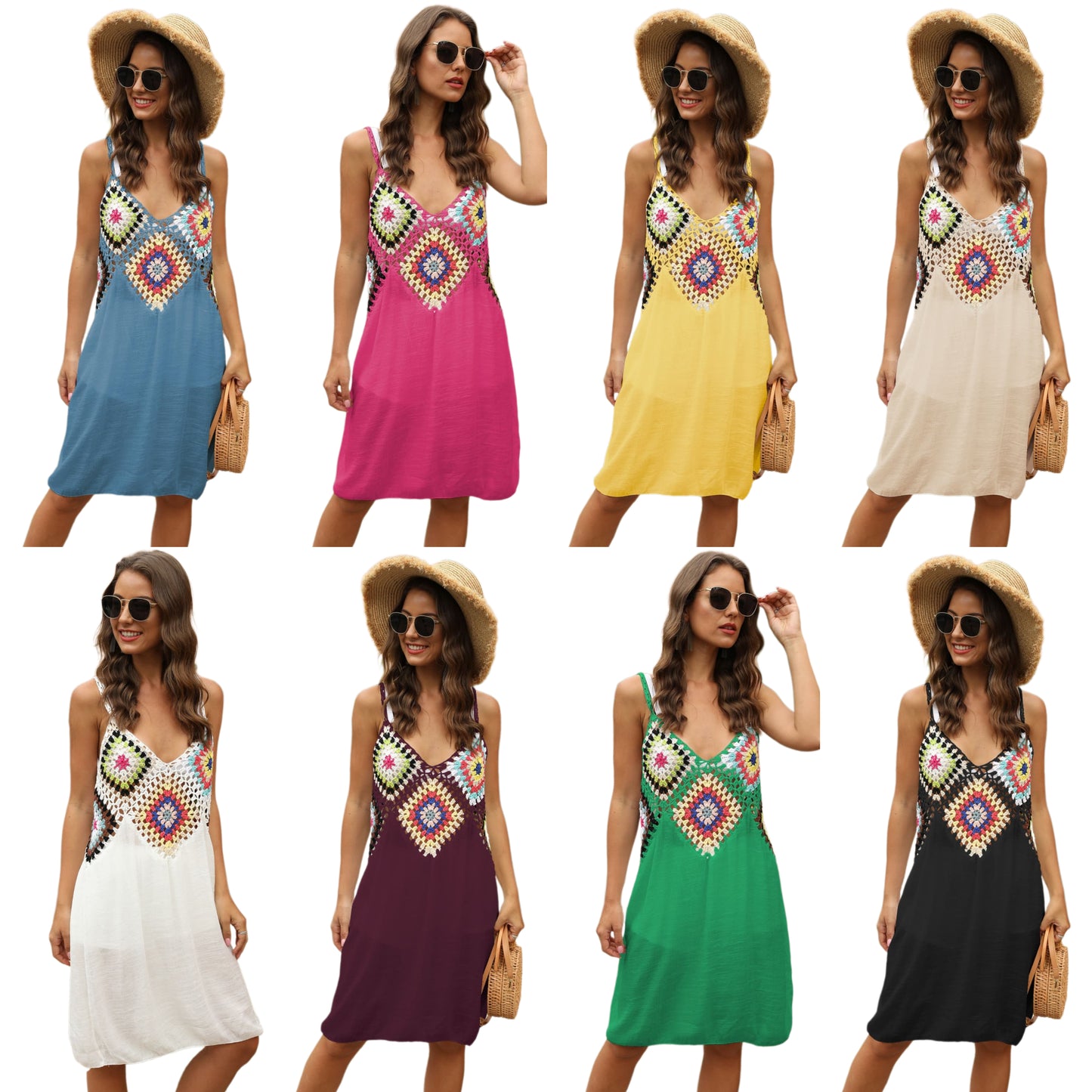 Granny Square Crochet Openwork Retro Swimwear Cover-Up Sleeveless Mini Dress