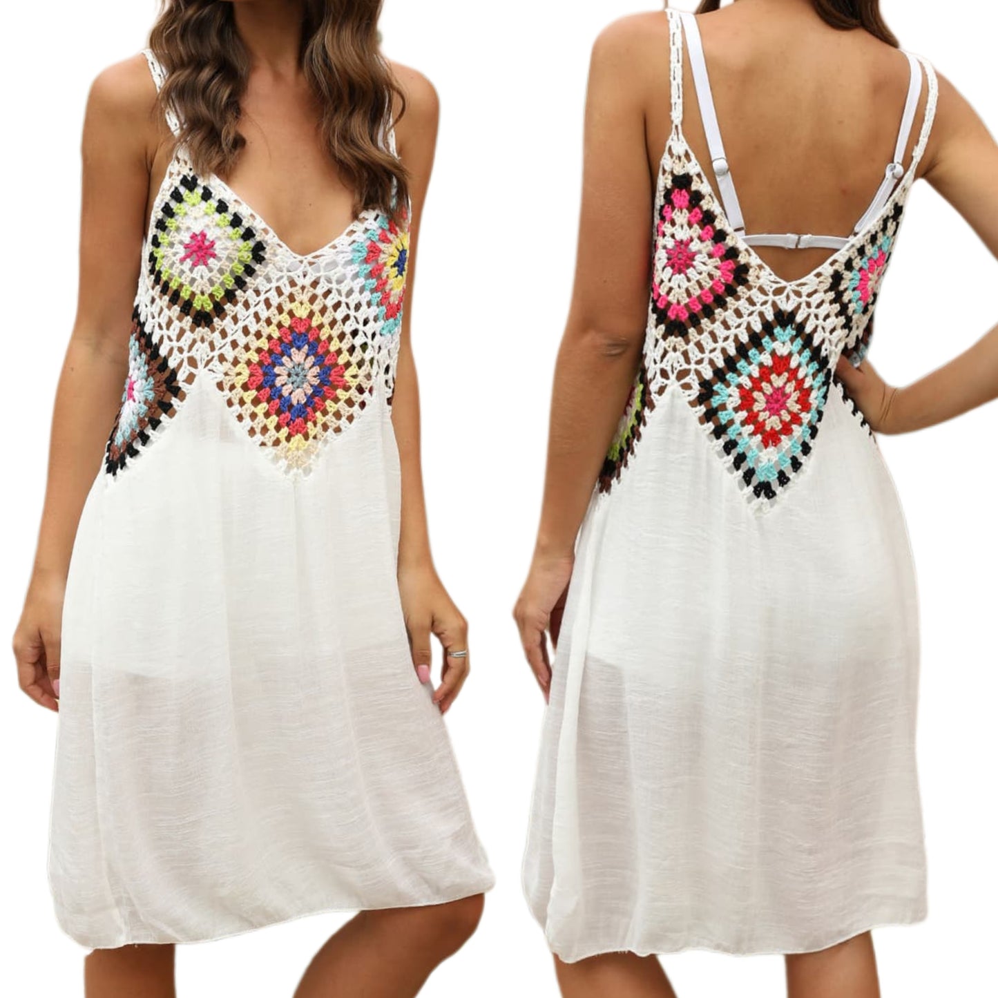 Granny Square Crochet Openwork Retro Swimwear Cover-Up Sleeveless Mini Dress