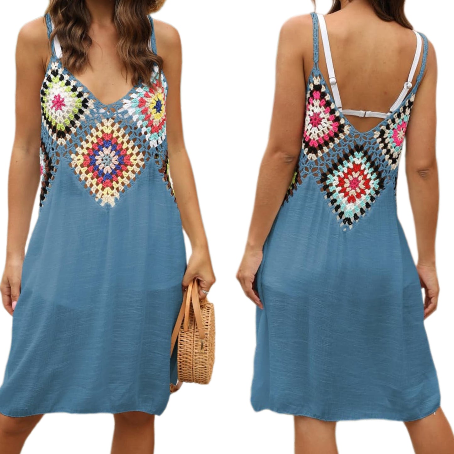Granny Square Crochet Openwork Retro Swimwear Cover-Up Sleeveless Mini Dress
