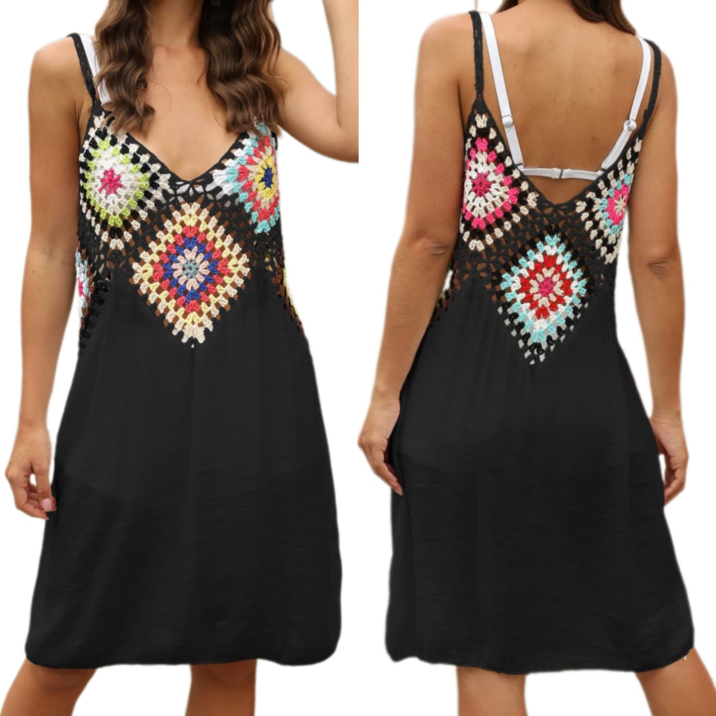 Granny Square Crochet Openwork Retro Swimwear Cover-Up Sleeveless Mini Dress