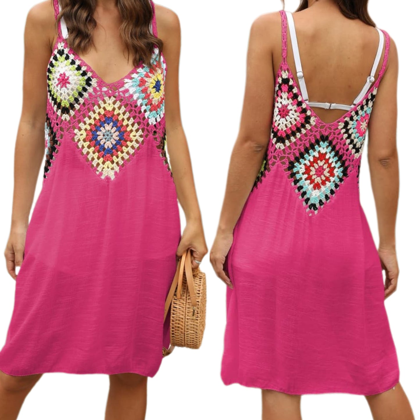 Granny Square Crochet Openwork Retro Swimwear Cover-Up Sleeveless Mini Dress