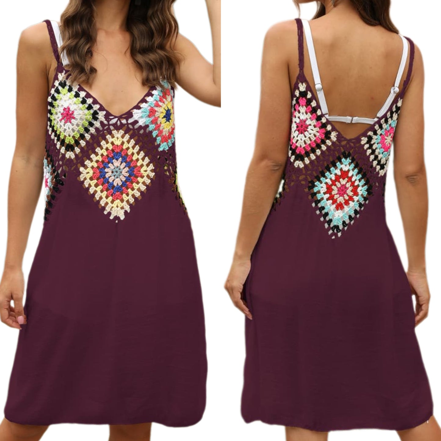 Granny Square Crochet Openwork Retro Swimwear Cover-Up Sleeveless Mini Dress