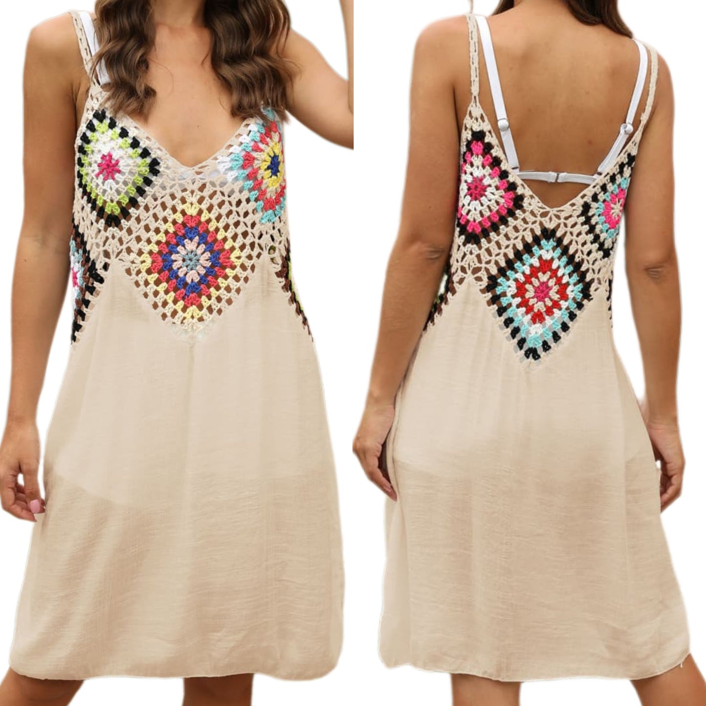 Granny Square Crochet Openwork Retro Swimwear Cover-Up Sleeveless Mini Dress