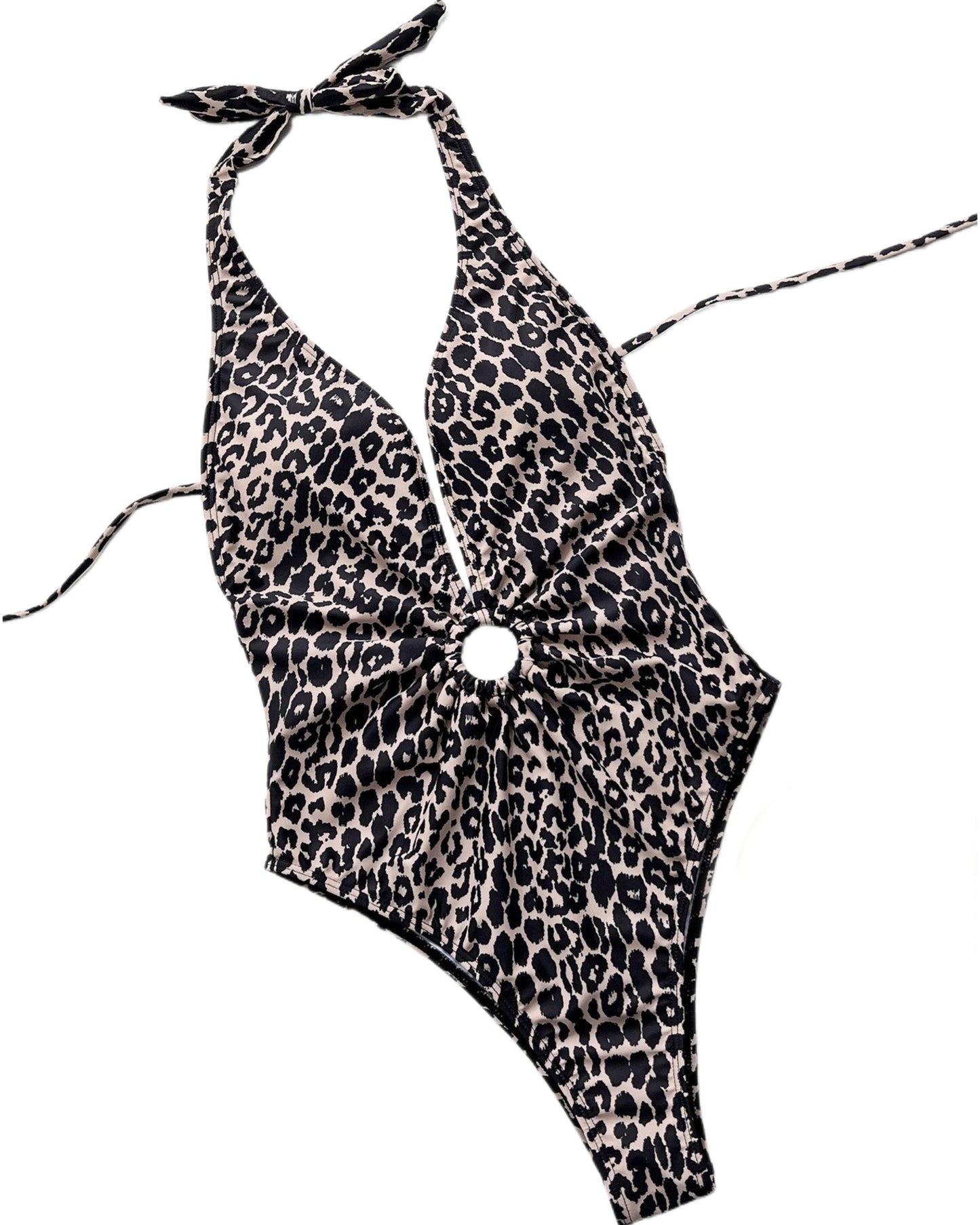 Leopard Plunging Halter Ring Center One-Piece Swimsuit High-cut Leg Cheeky Swim