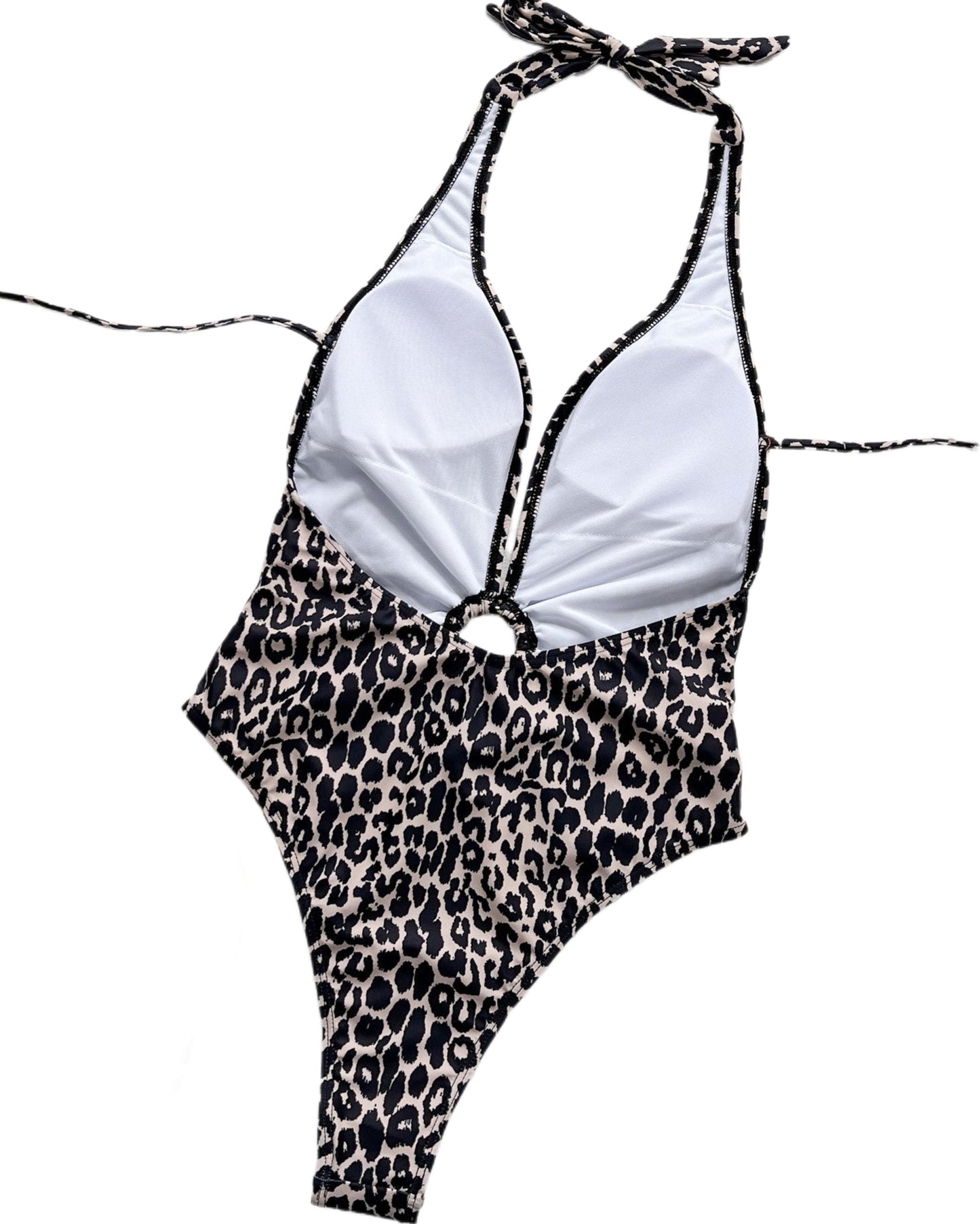 Leopard Plunging Halter Ring Center One-Piece Swimsuit High-cut Leg Cheeky Swim