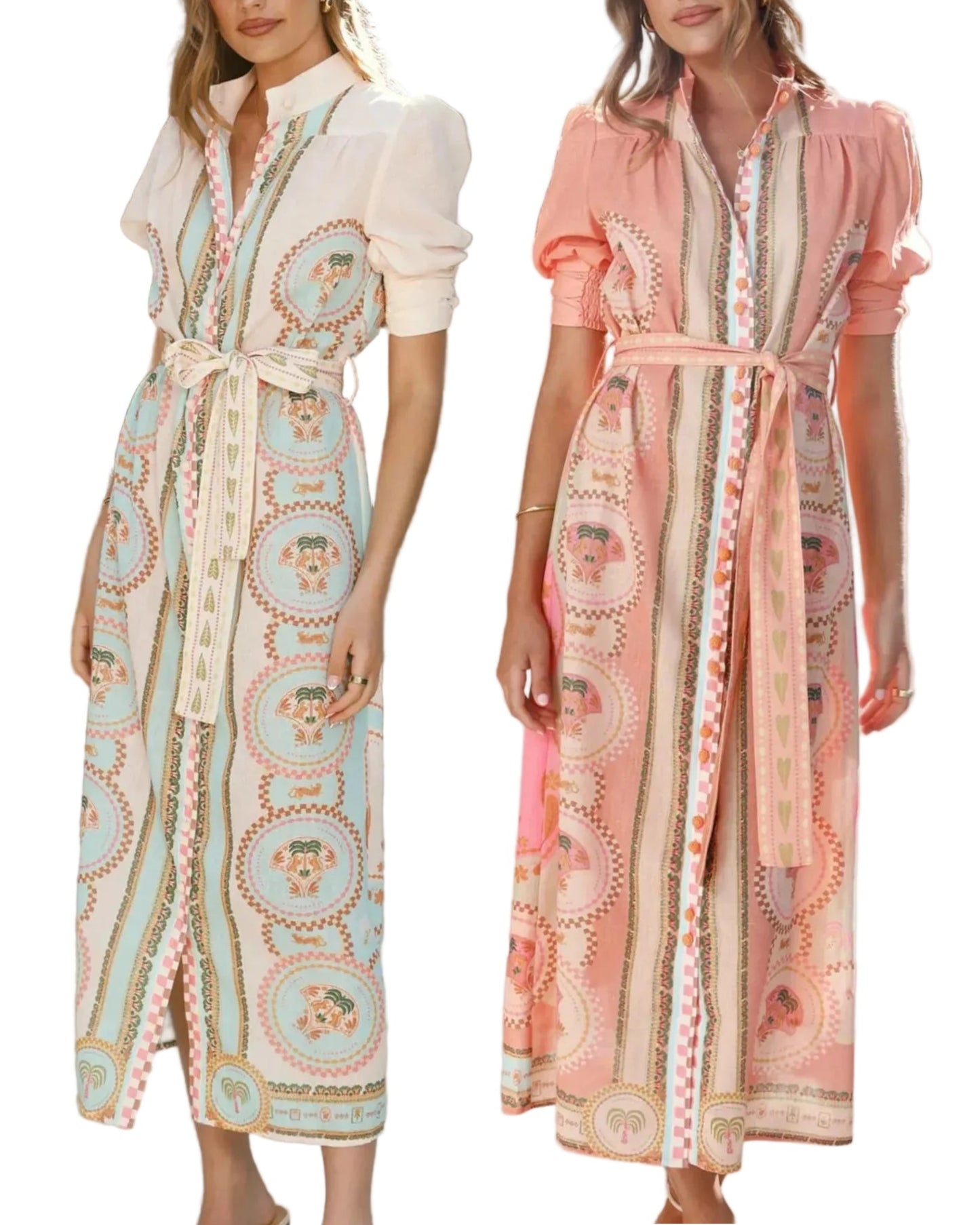 Button-front Belted Tie Waist Contrast Print Short Puff Sleeve Mock Neck Midi Dress