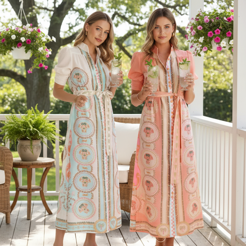 Button-front Belted Tie Waist Contrast Print Short Puff Sleeve Mock Neck Midi Dress