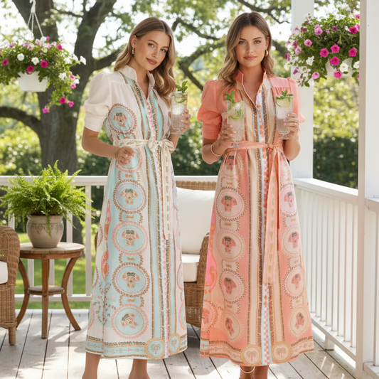 Button-front Belted Tie Waist Contrast Print Short Puff Sleeve Mock Neck Midi Dress