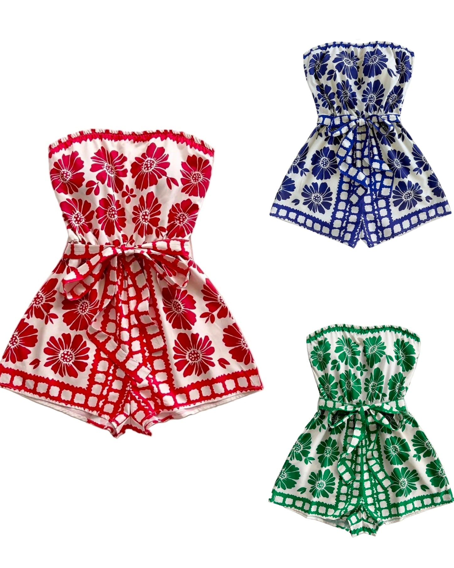 Strapless Retro Floral Belted Tie Waist Romper Elastic Square Neck One-Piece Shorts