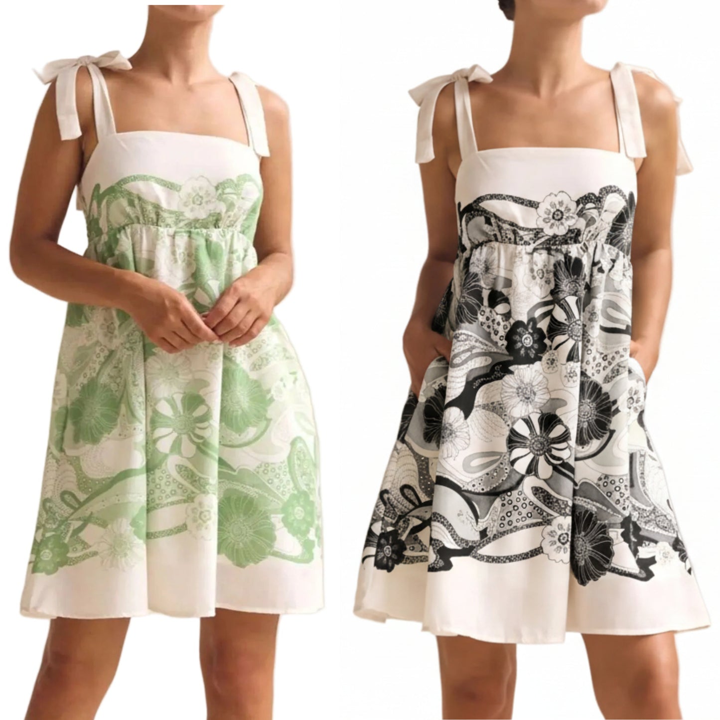 Bow Tie-Shoulder Retro Floral Tiered Slit Pocket Coquette Babydoll Mini Dress