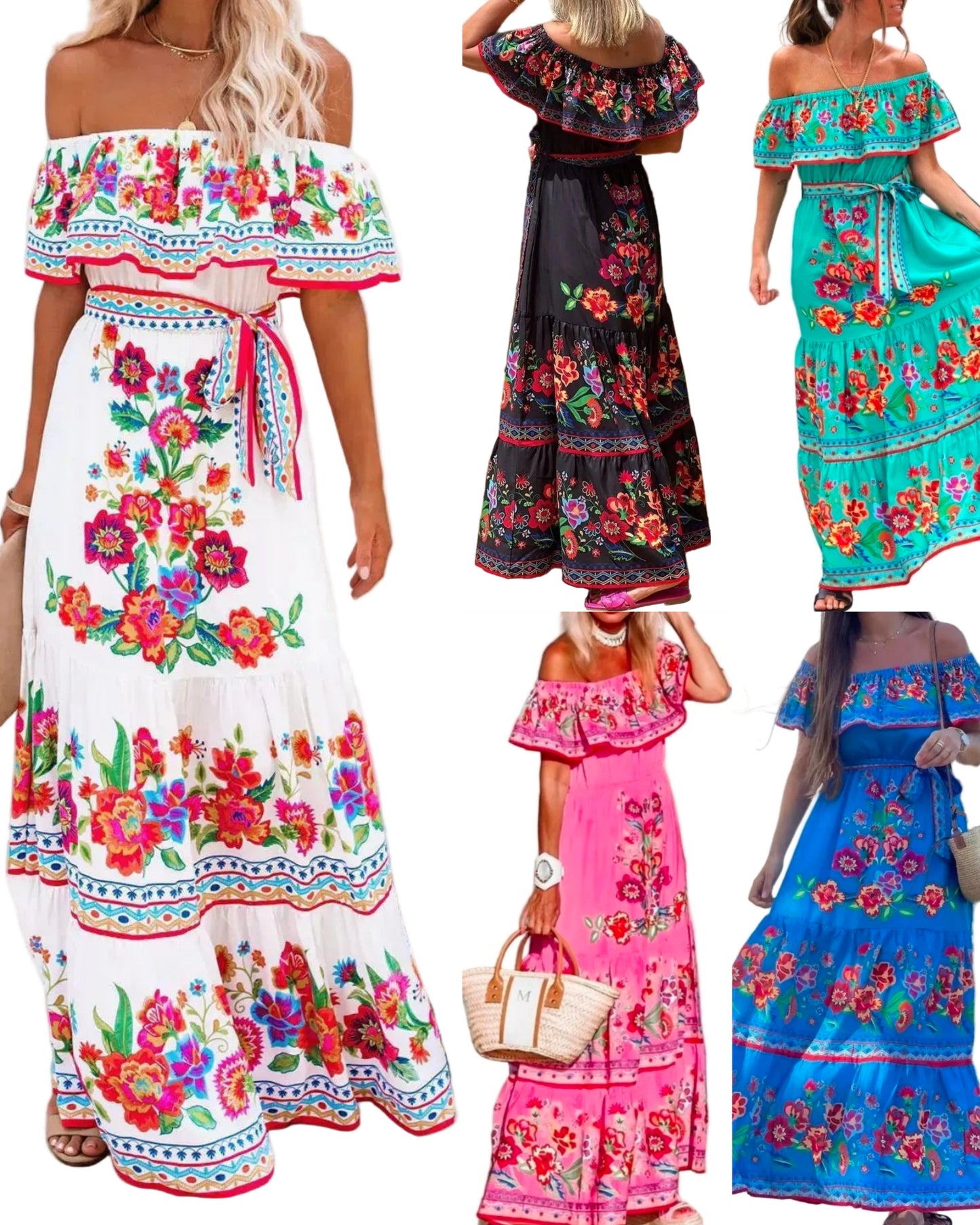 Floral Ruffle Off Shoulder Belted Elastic Waist Retro 70s Tiered Boho Maxi Dress