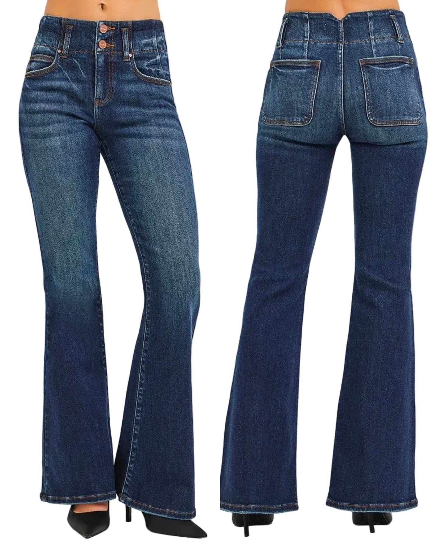 Risen High-Rise Retro Flare Leg Jeans Double Button Waistband Denim Pants