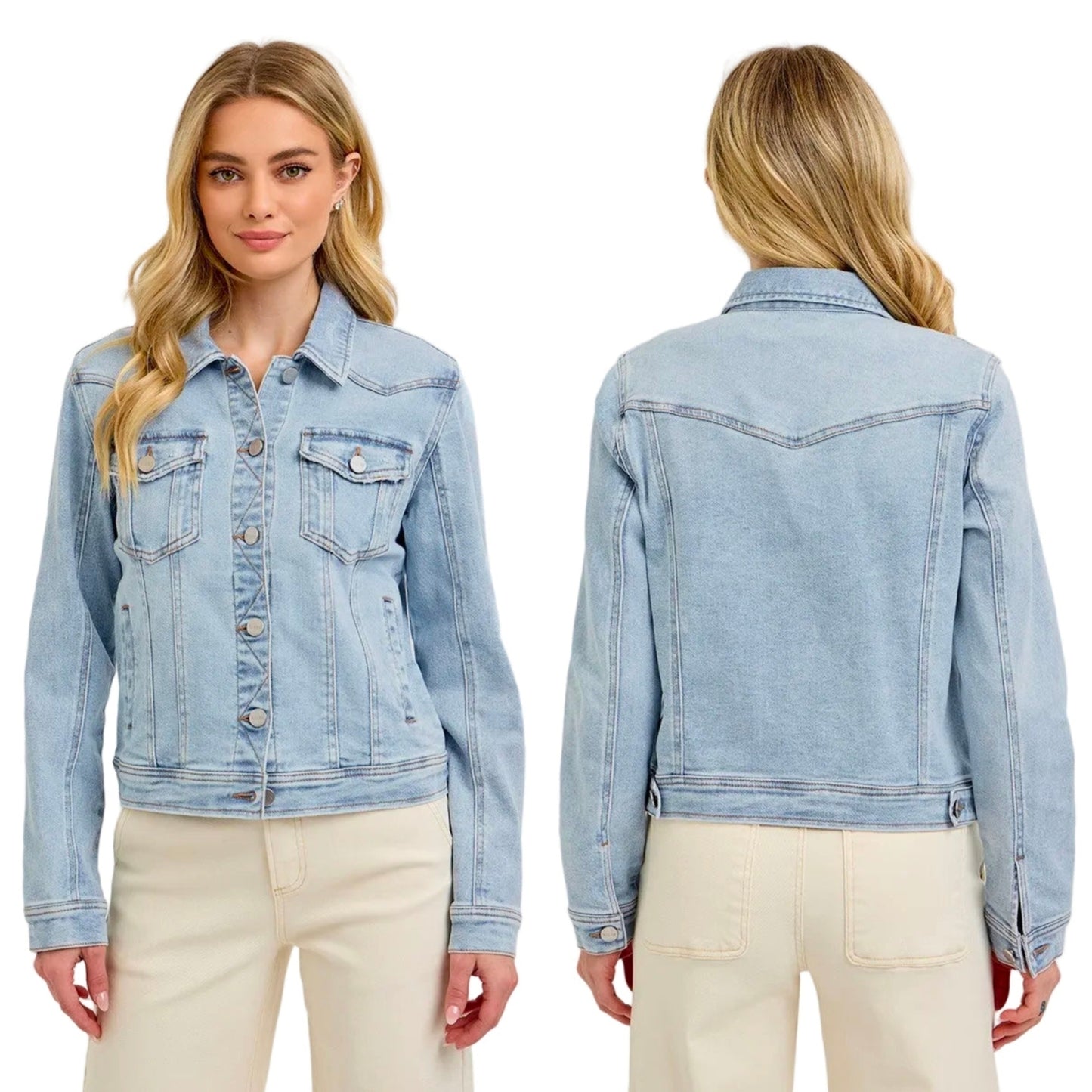 Risen Classic Dual Chest Pocket Light Wash Button Down Blue Jean Denim Jacket