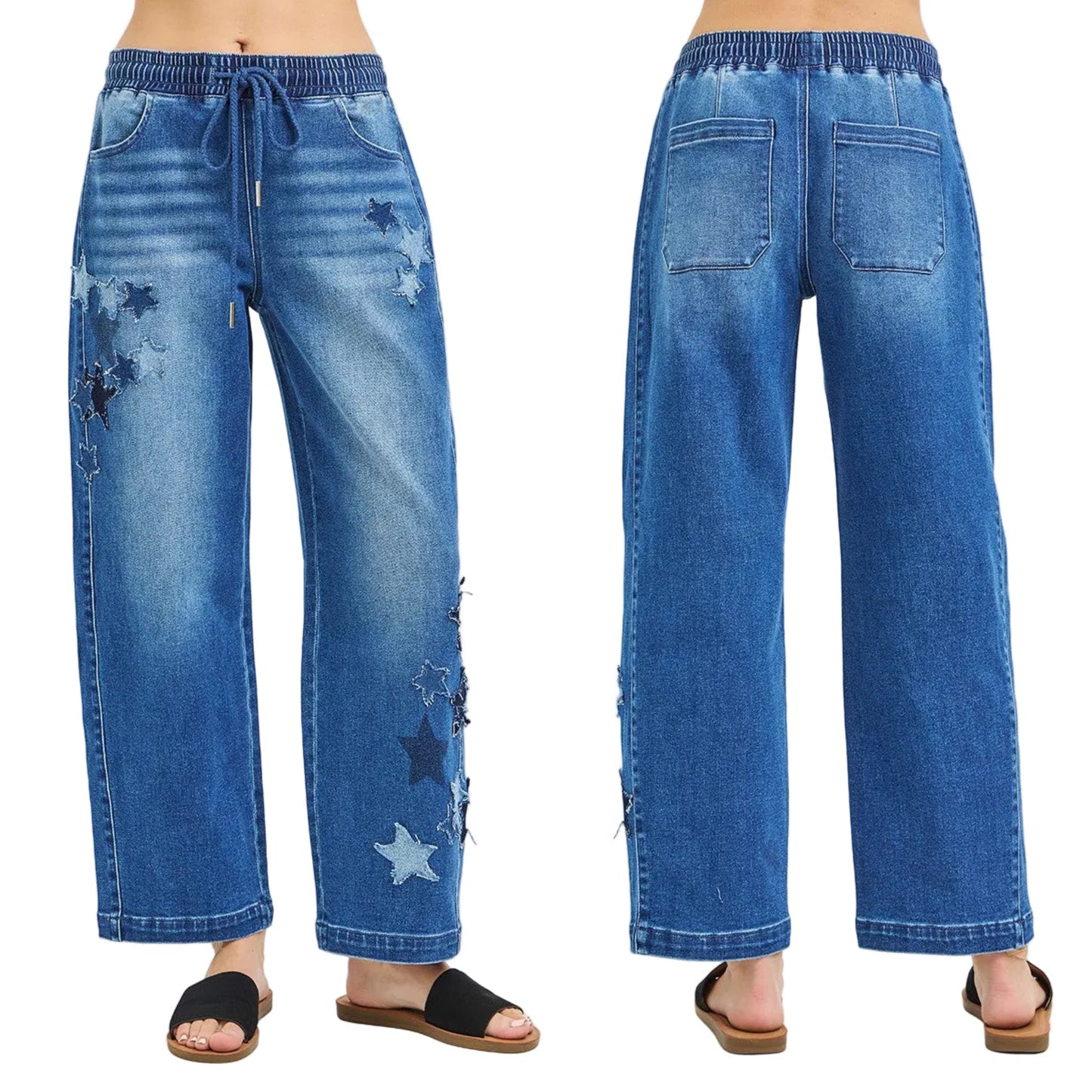 Risen Star Patch High-Rise Elastic Drawstring Waist Denim Pants Baggy Barrel Leg Jeans