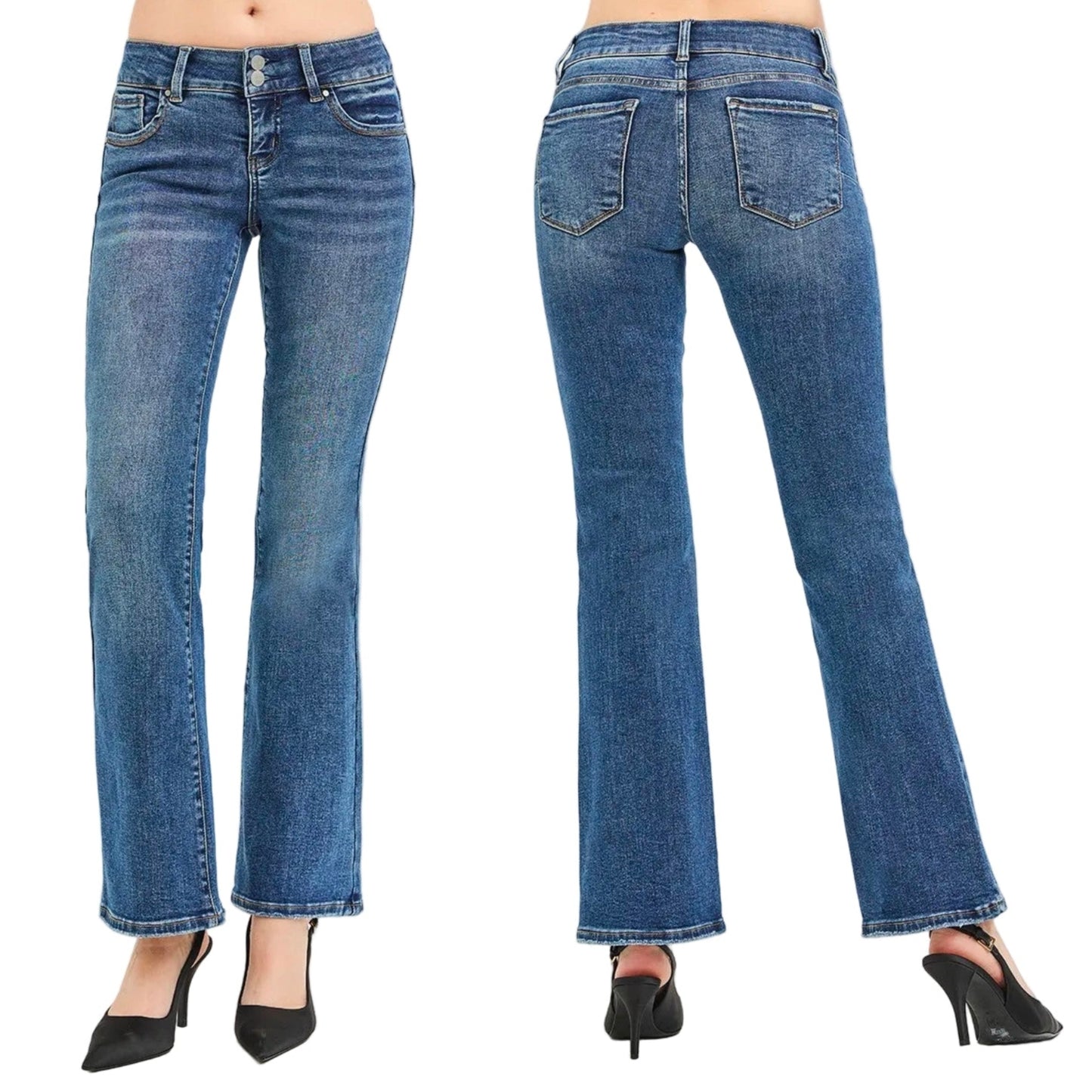 Risen Tummy Control Low-Rise Double Button Waist Bootcut Leg Denim Jeans