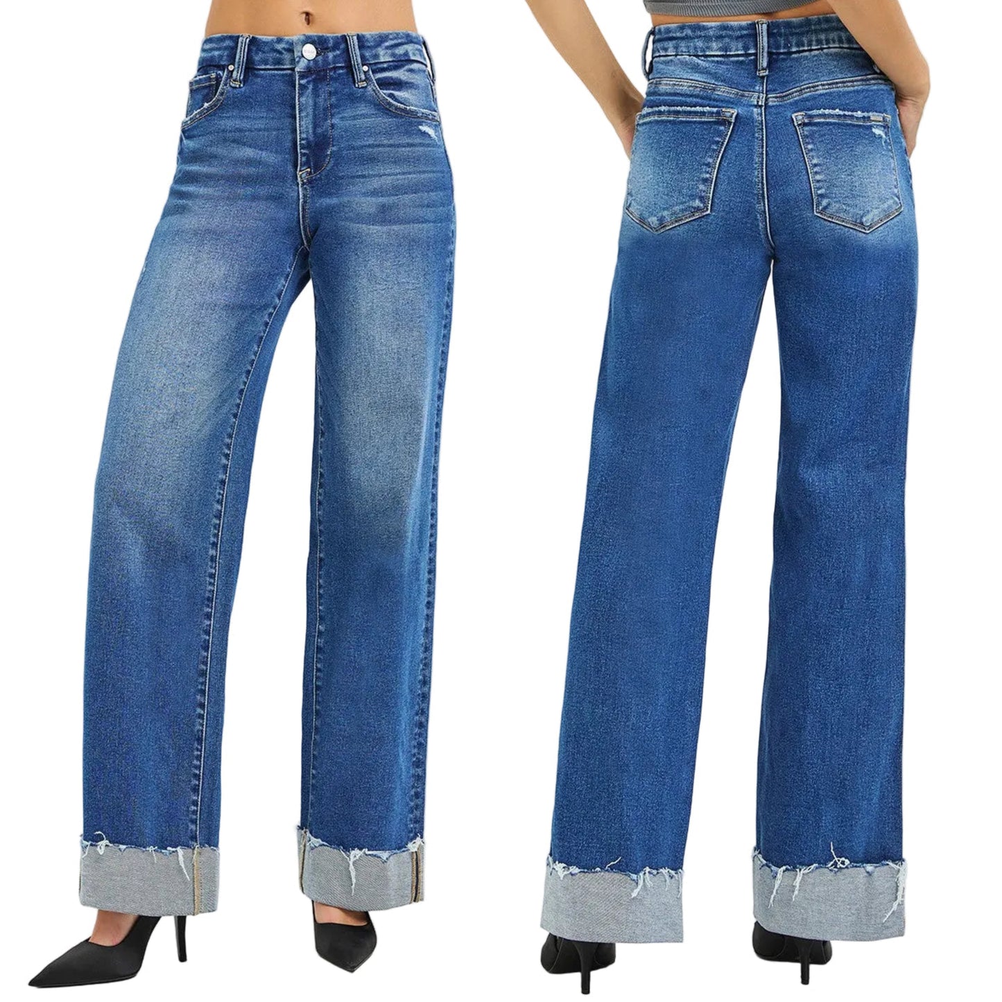 Risen High-Rise Wide Leg Boyfriend Distressed Denim Jeans Cuffed Raw Hem