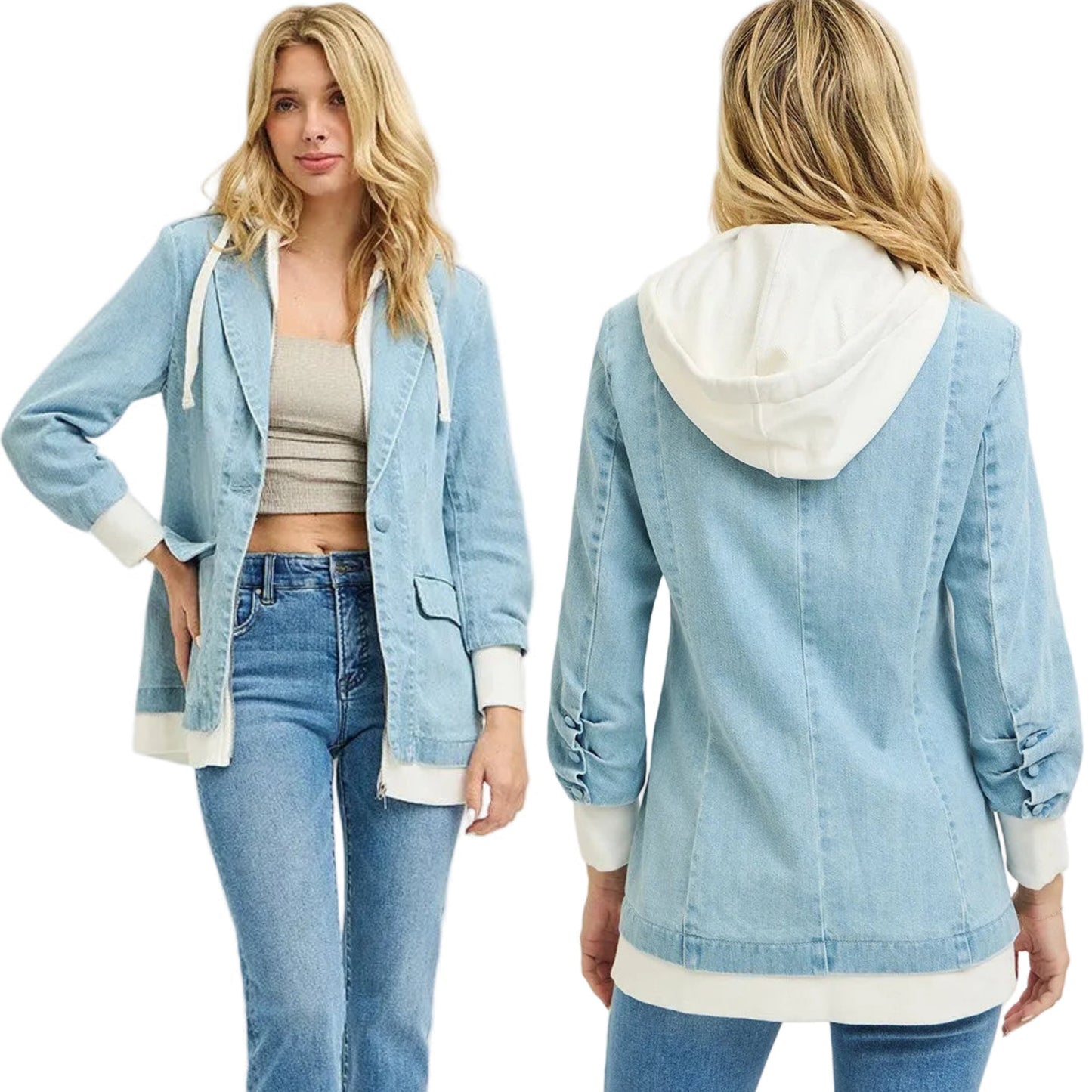 Risen Hooded Blazer Button-up Long Sleeves Cotton Denim Jacket Streetwear