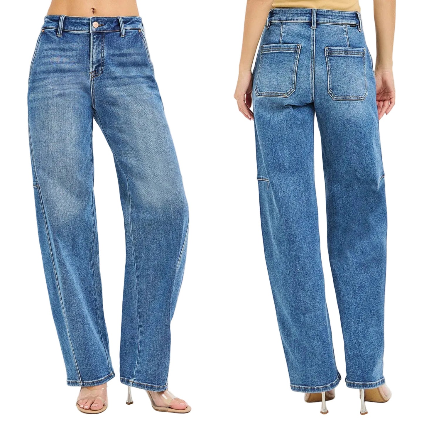 Risen High-Rise Barrel Leg Baggy Relaxed Pants Flat Front Slant Pocket Denim Jeans