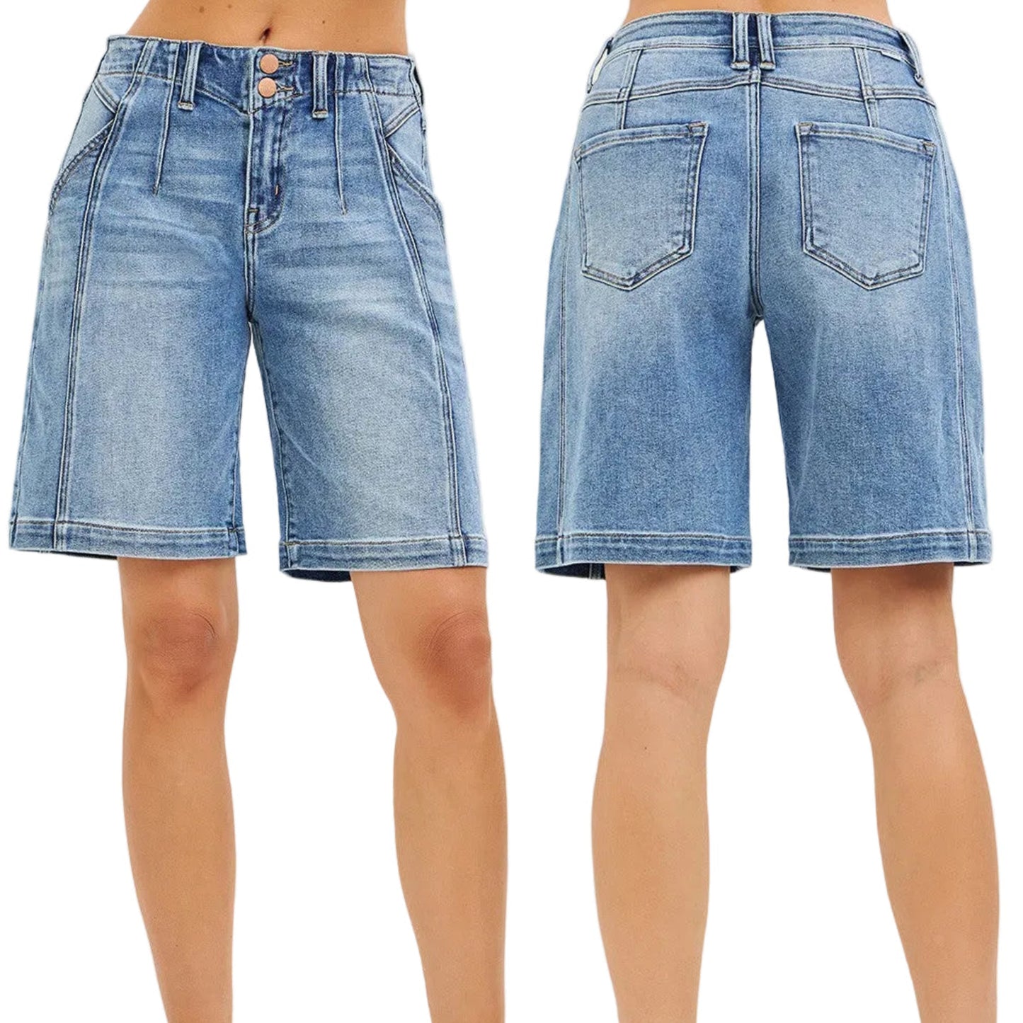 Risen High-Rise Double Button Waist Pleated Front Baggy Bermuda Denim Shorts