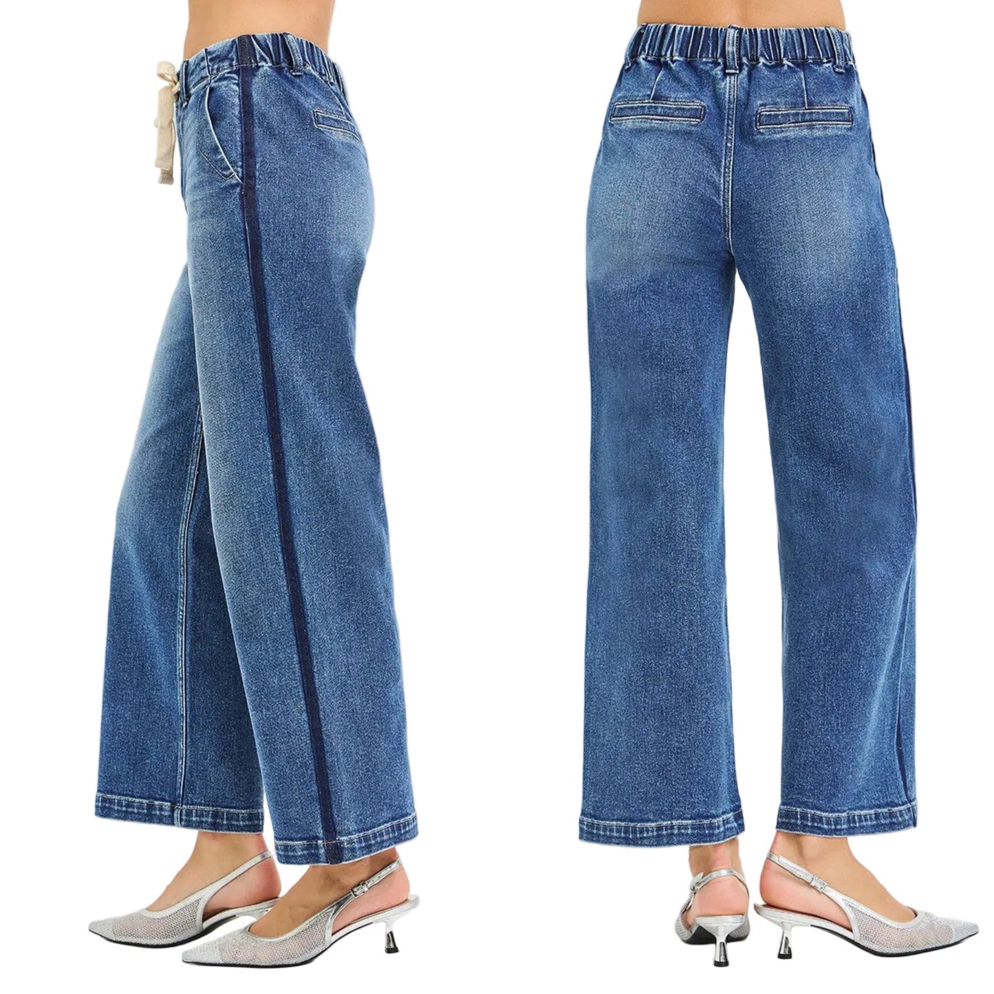 Risen High-Rise Drawstring Elastic Waist Cropped Wide Leg Relaxed Denim Jeans