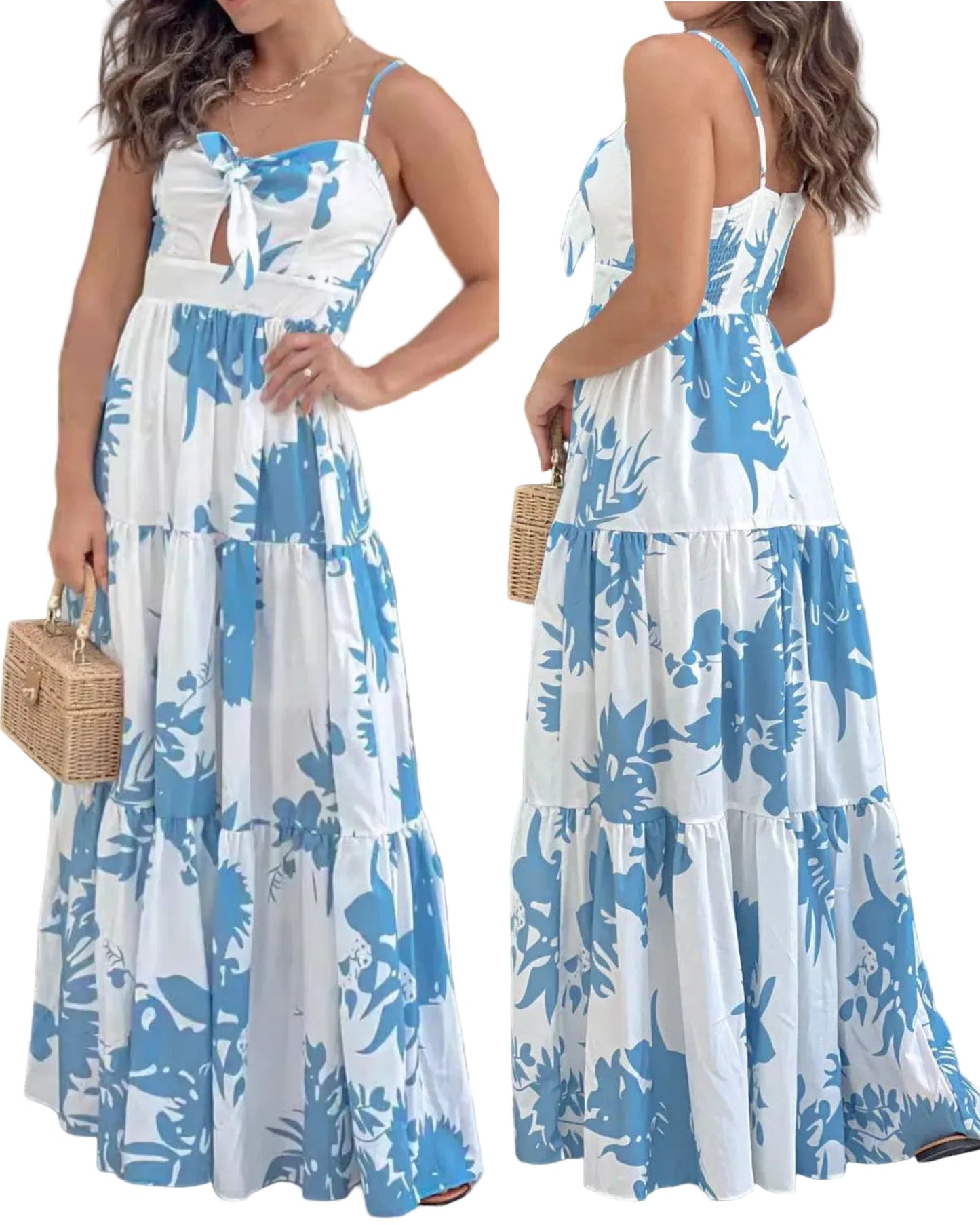 Floral Tie Front Chest Cut Out Sweetheart Neck Empire Waist Long Tiered Maxi Dress