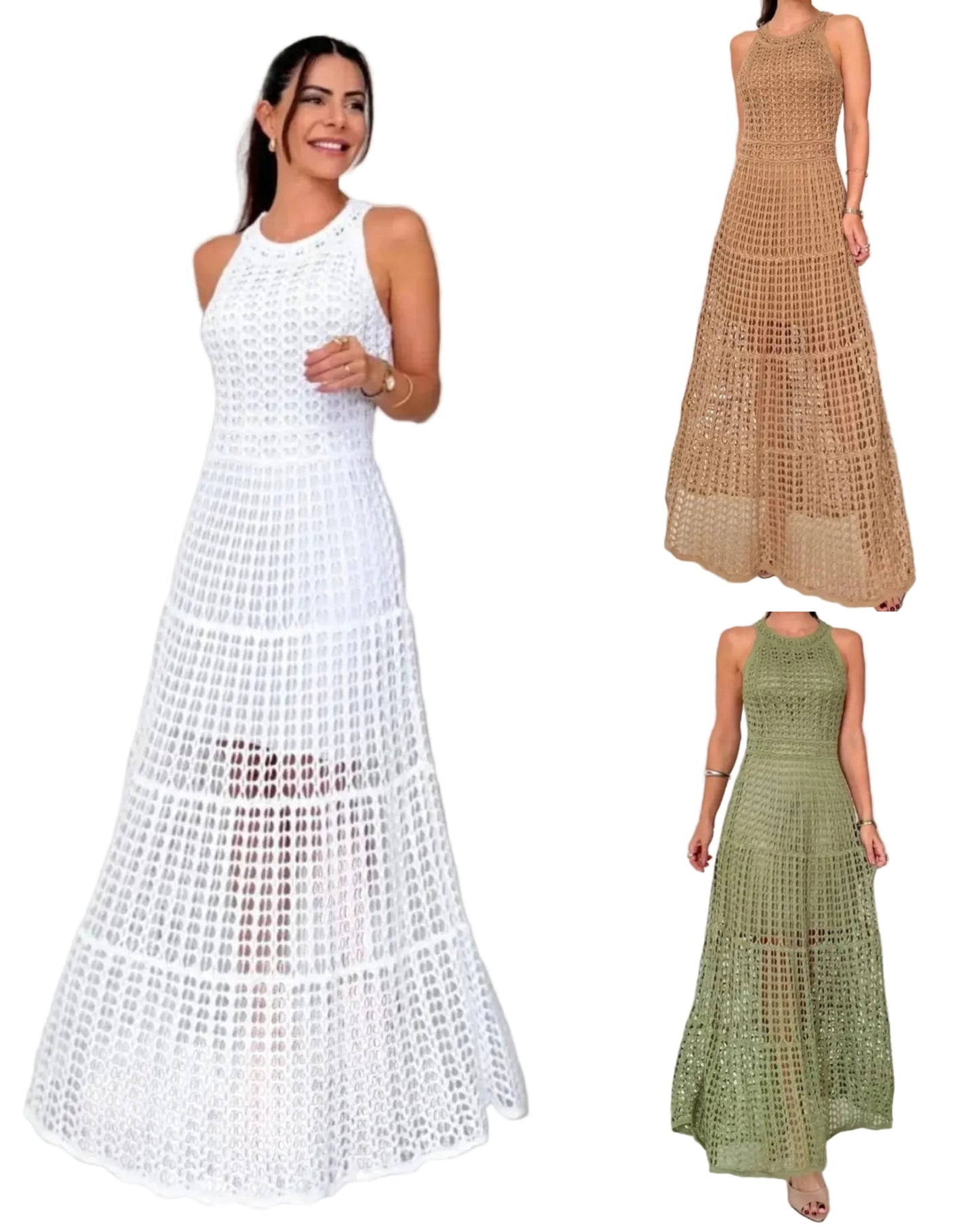 Openwork Crochet Knit Sleeveless Round Neck Illusion Mini Lined A-line Maxi Dress