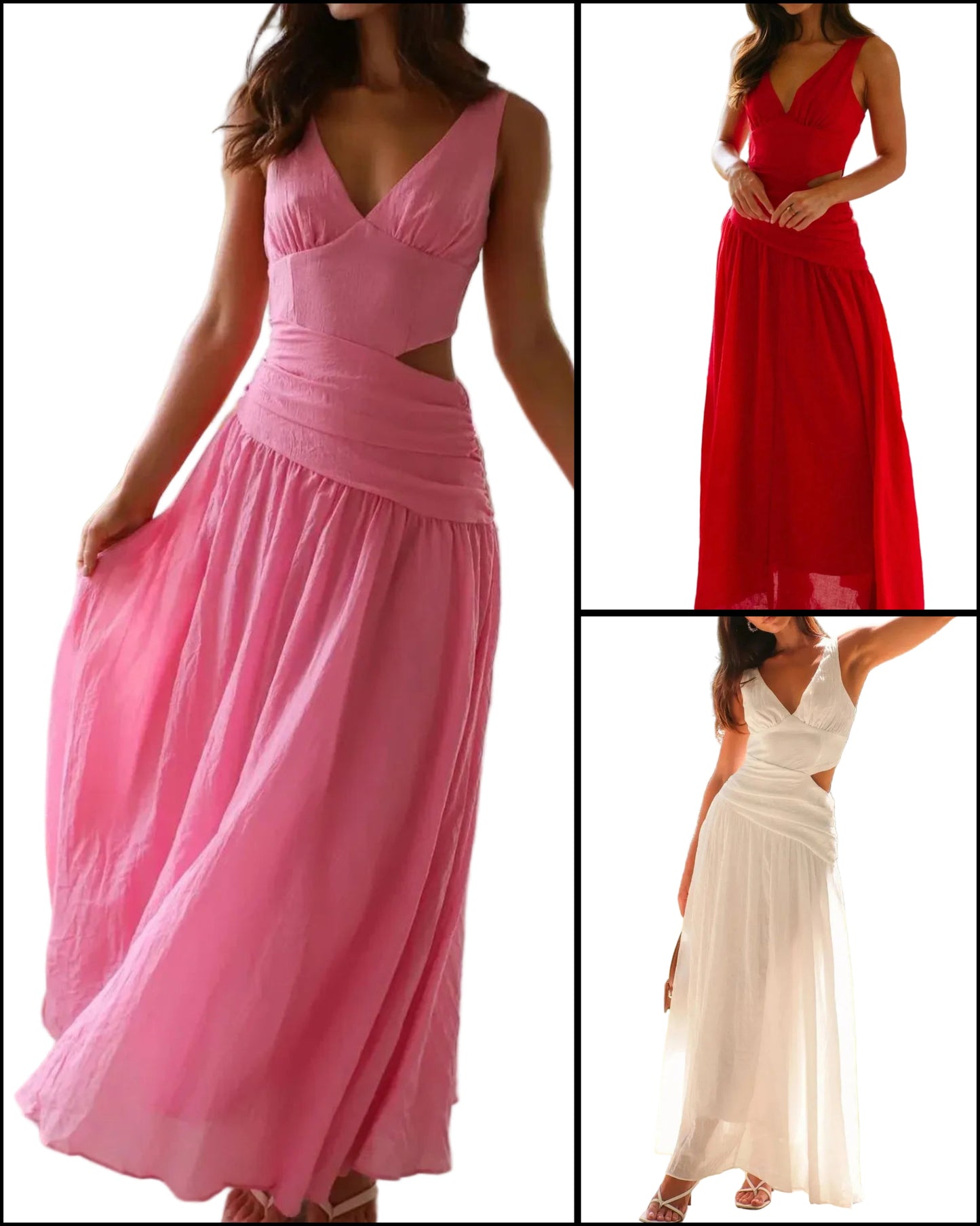 Cutout Pleated Side Cotton Blend V-Neck Sleeveless Flowing Maxi Dress