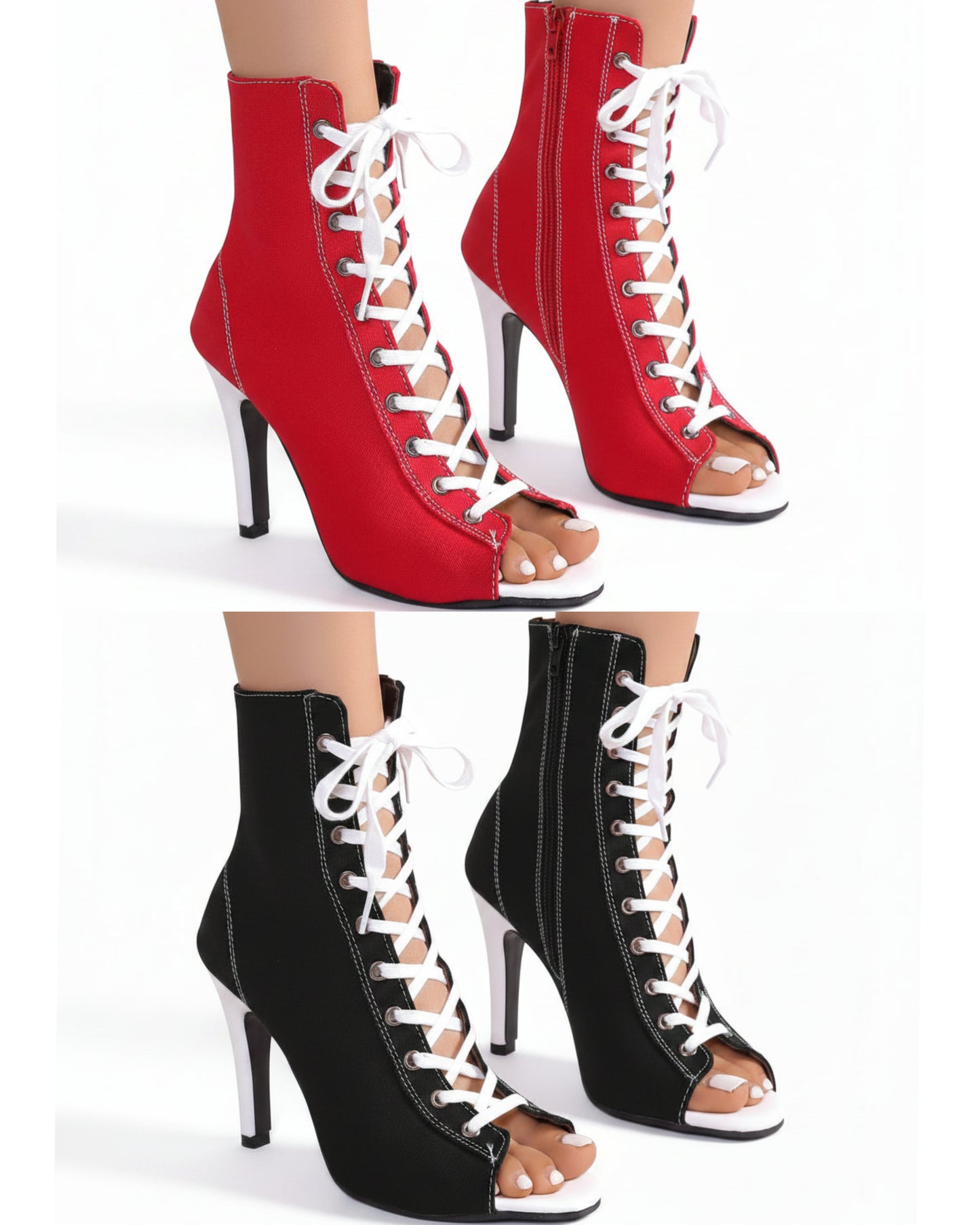 Canvas Lace-Up Bootie Color Contrasting Peep Toe High-Heel Shoes Stiletto Ankle Boots