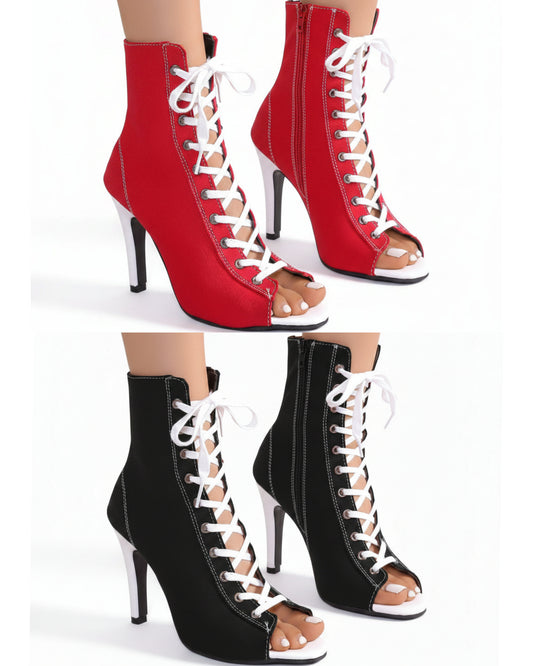 Canvas Lace-Up Bootie Color Contrasting Peep Toe High-Heel Shoes Stiletto Ankle Boots