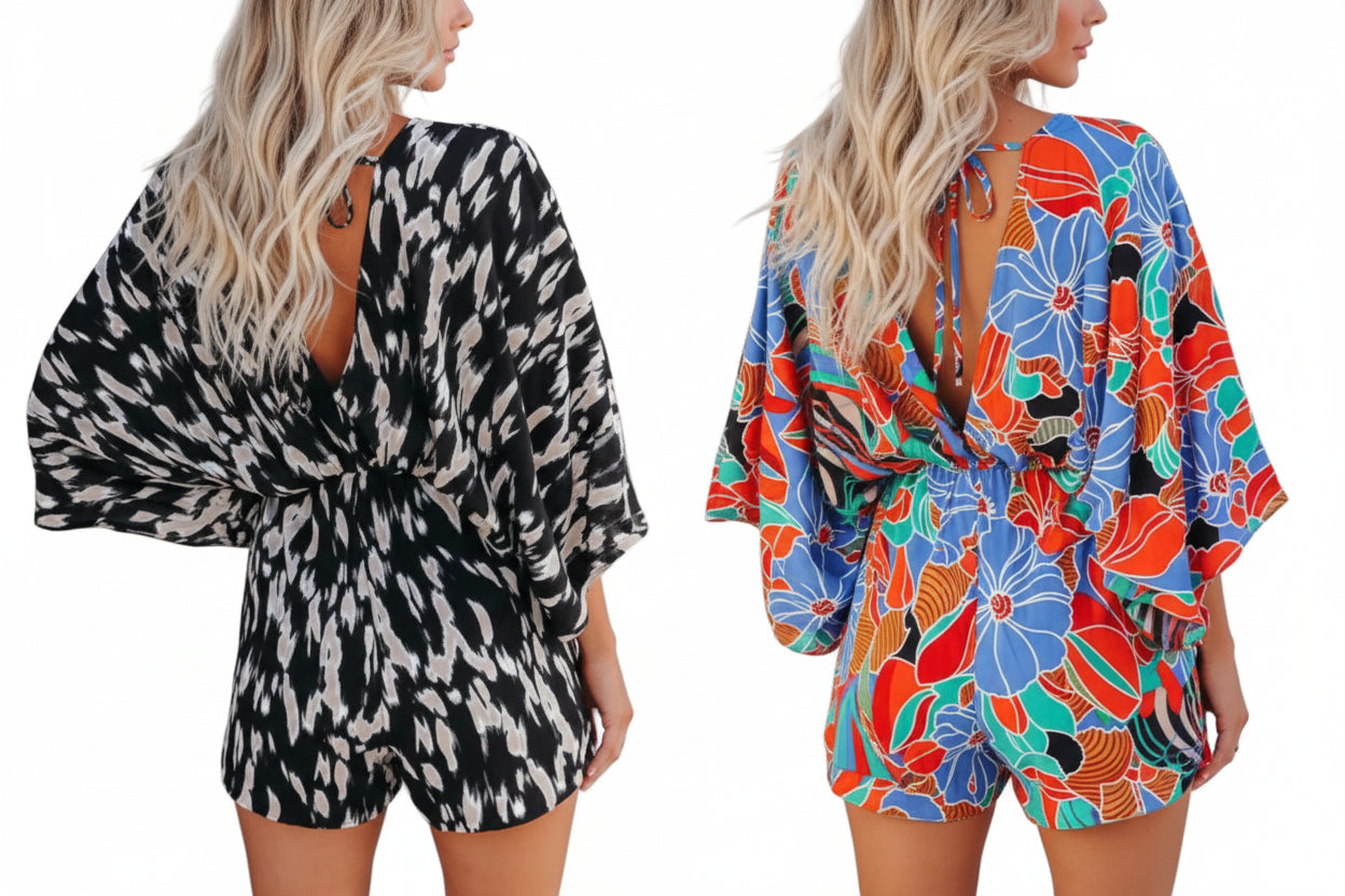 Kimono Sleeve Elastic Waist Open Tie Back One-Piece Short Romper