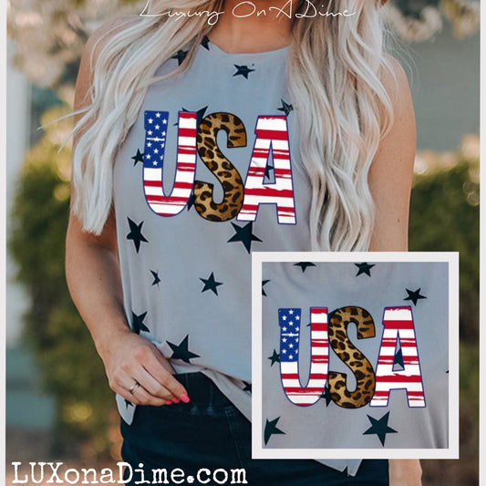 Leopard American Flag USA Star Print Sleeveless Shirt (Plus Size Available)