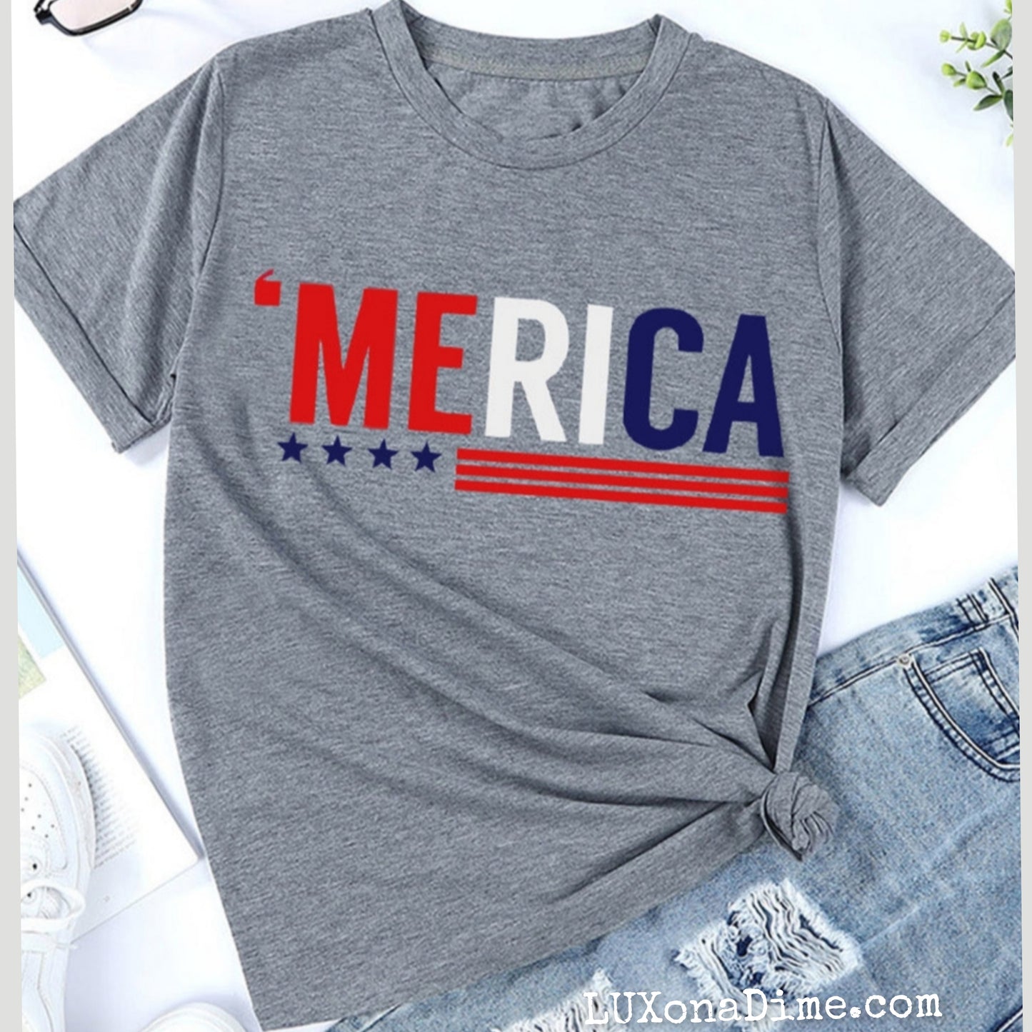 MERICA Letter Graphic American Crewneck Tee Shirt (Plus Size Available)