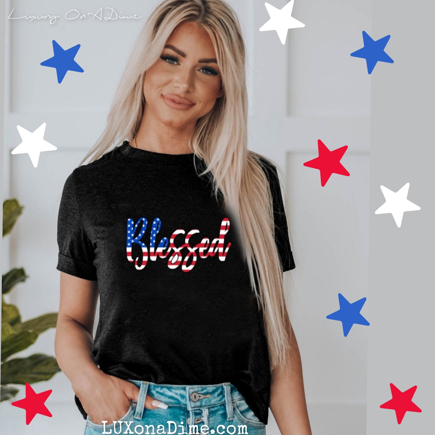 American BLESSED USA Flag Top Round Neck Shortsleeve Tee Shirt