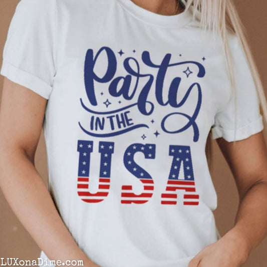Woman's PARTY IN THE USA American Flag Graphic Cuffed Short Sleeve Tee Shirt (Plus Size Available)