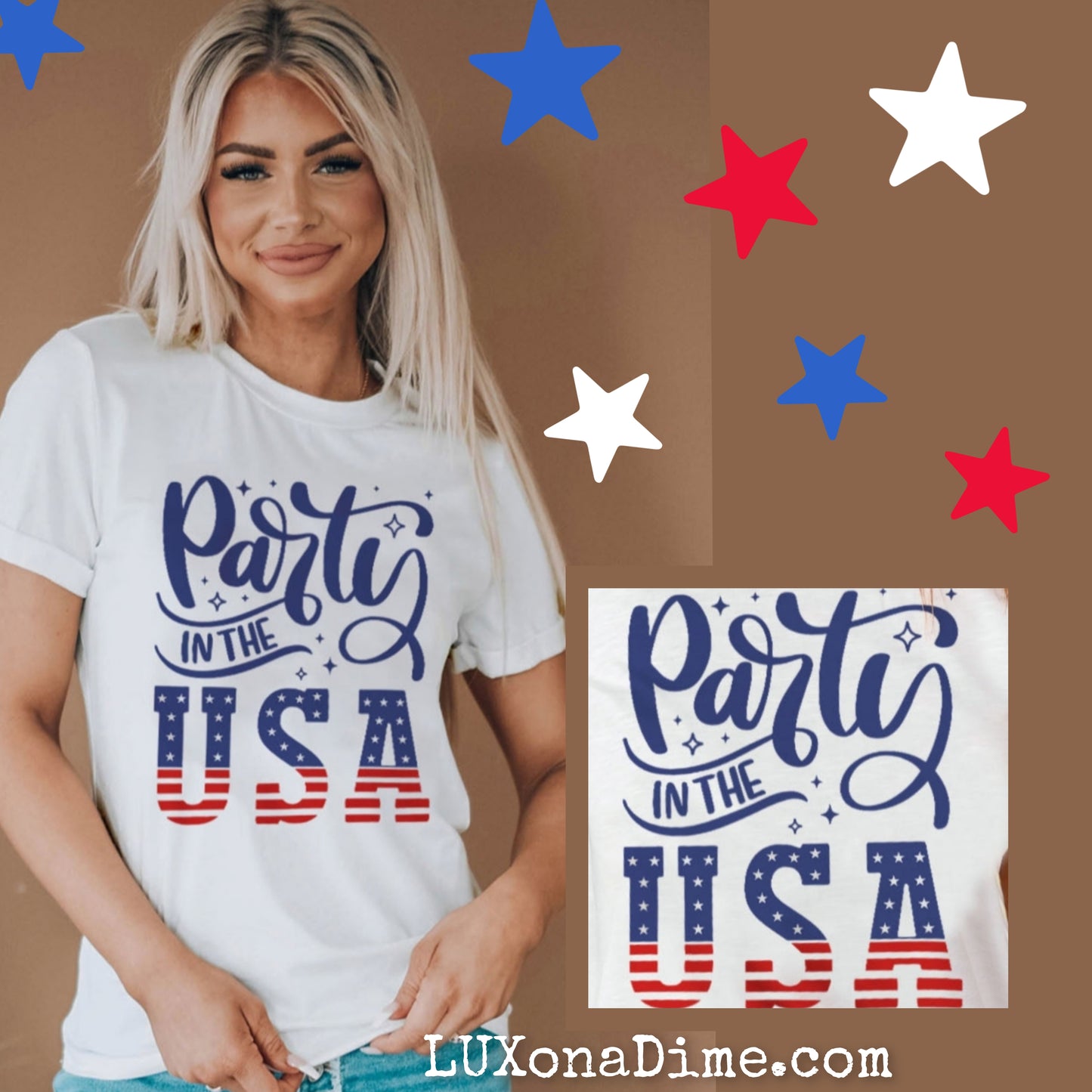 Woman's PARTY IN THE USA American Flag Graphic Cuffed Short Sleeve Tee Shirt (Plus Size Available)