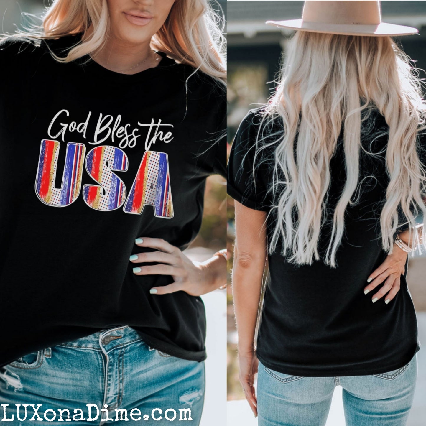 Americana GOD BLESS THE USA Graphic Top Cuffed Short Sleeve Tee Shirt (Plus Size Available)