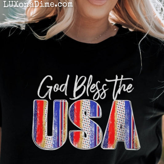 Americana GOD BLESS THE USA Graphic Top Cuffed Short Sleeve Tee Shirt (Plus Size Available)