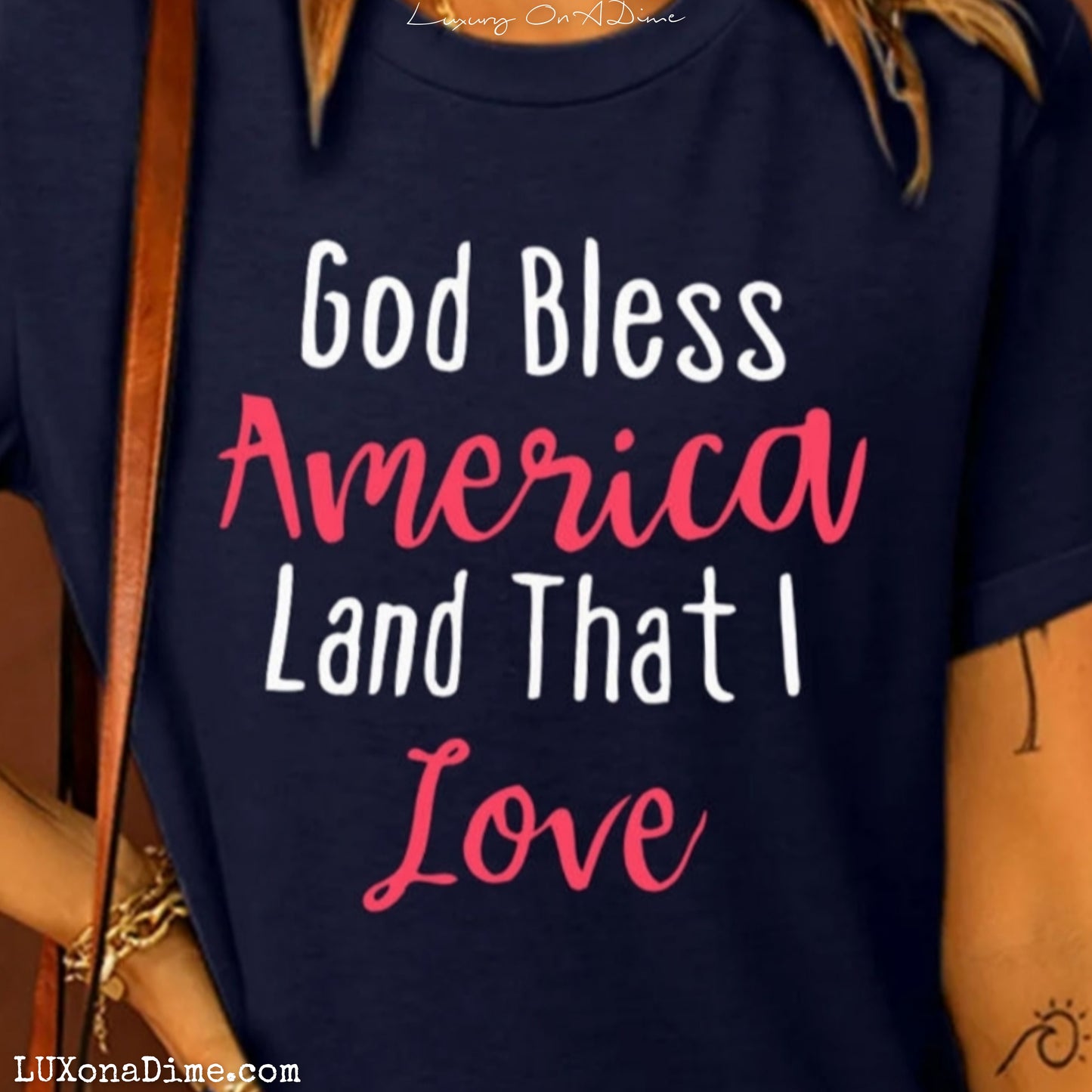 GOD BLESS AMERICA LAND THAT I LOVE Graphic Cuffed Short Sleeve Tee Shirt