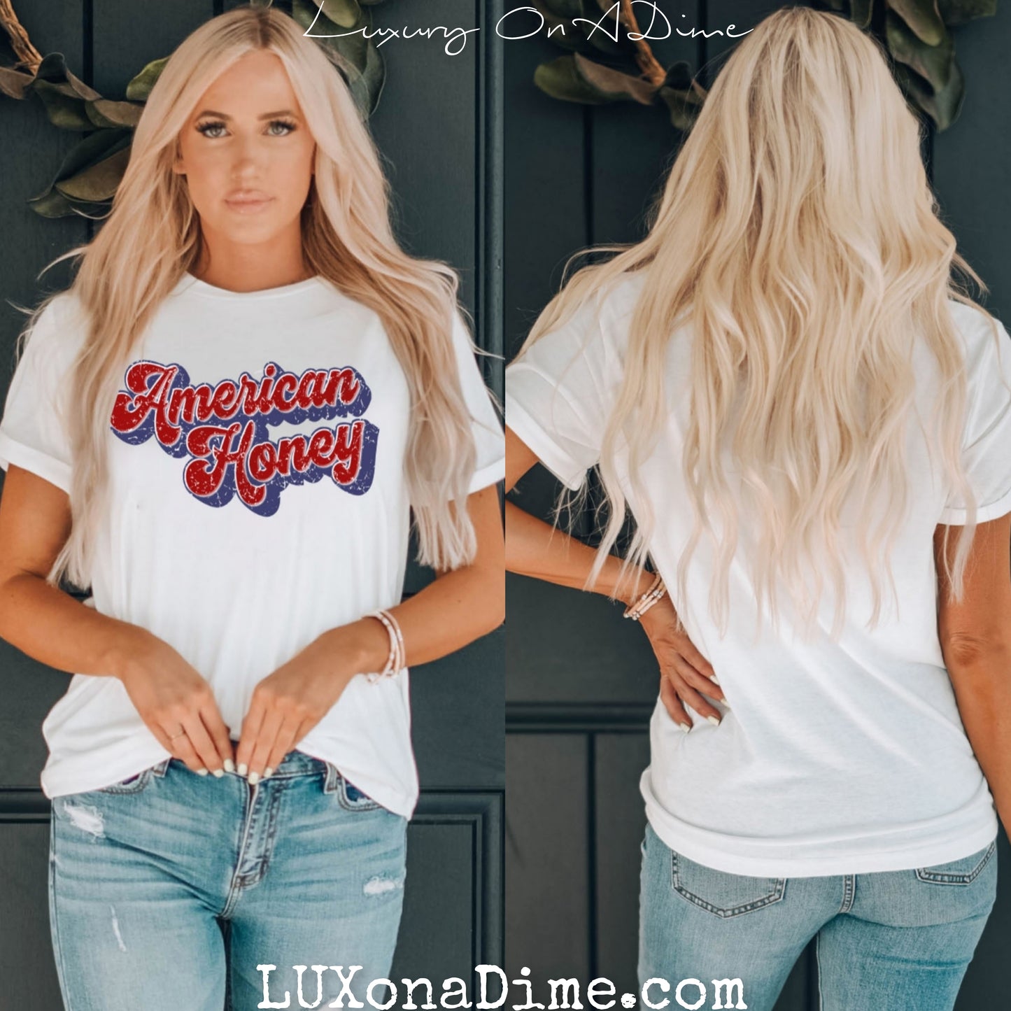 Retro AMERICAN HONEY Graphic Top Cuffed Short Sleeve Tee Shirt (Plus Size Available)