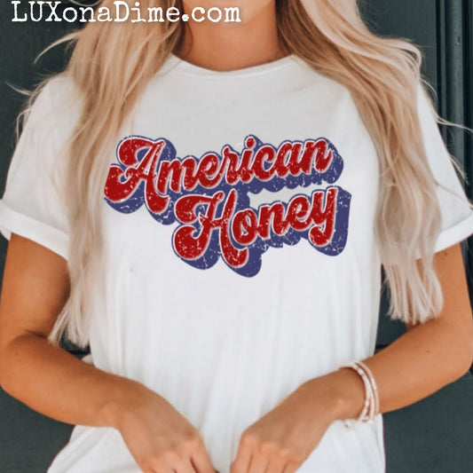 Retro AMERICAN HONEY Graphic Top Cuffed Short Sleeve Tee Shirt (Plus Size Available)