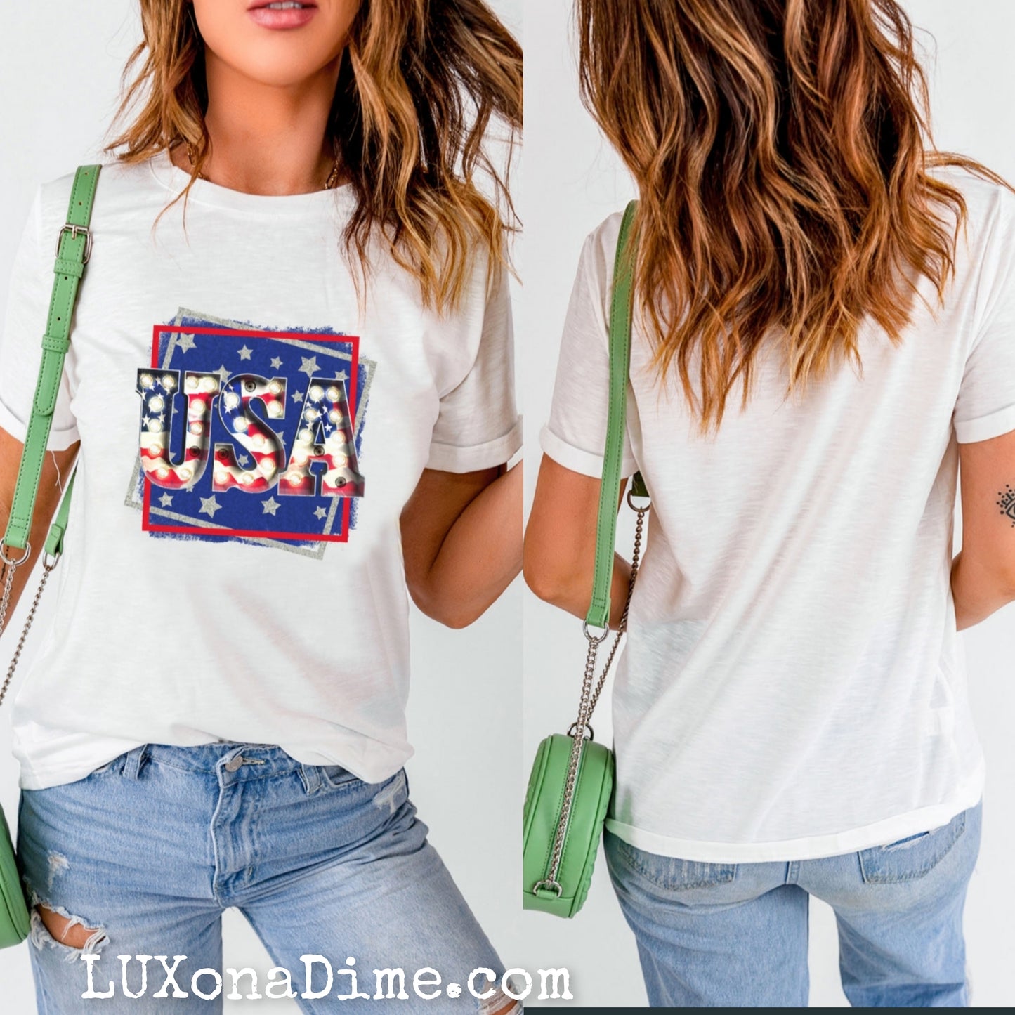 Patriotic USA Graphic Top Cuffed Short-Sleeve Tee Shirt
(Plus Size Available)