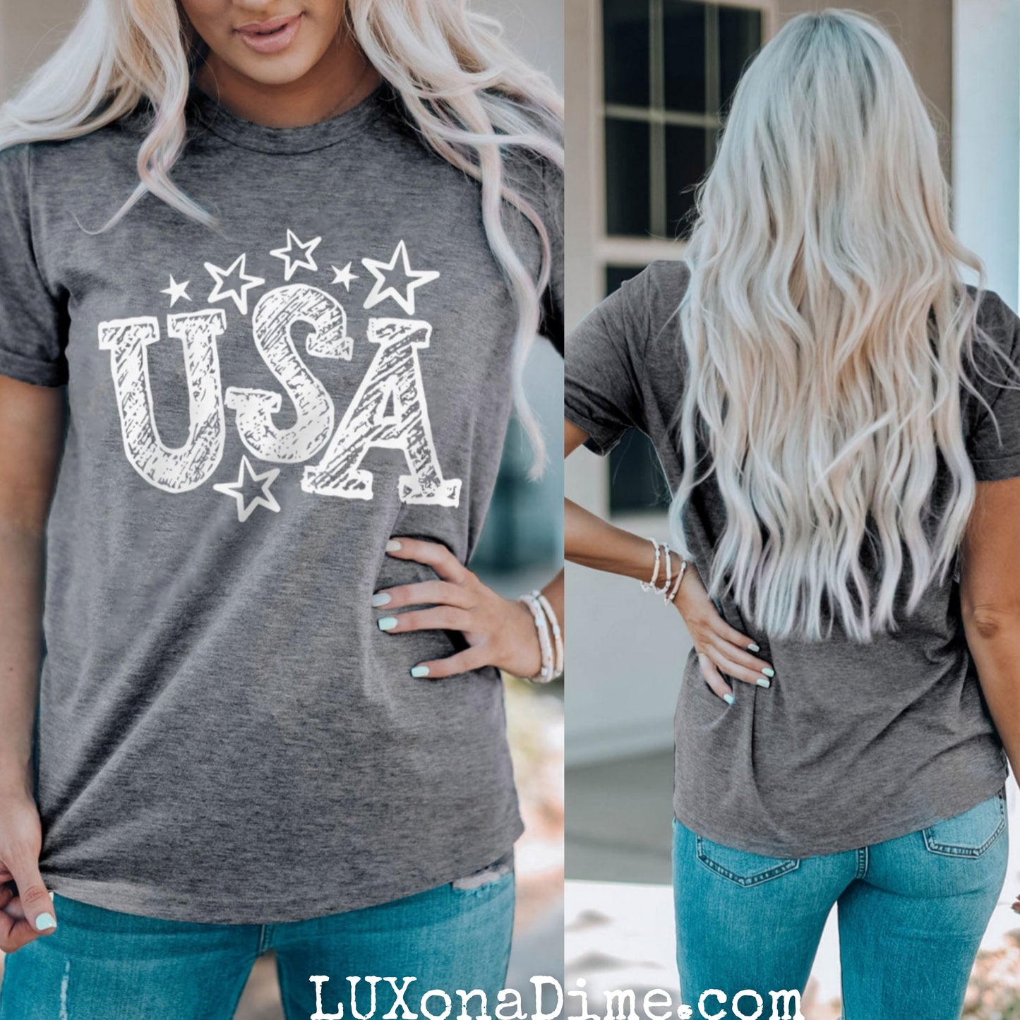 Chalkboard USA Drawn Star Graphic Top Cuffed Short Sleeve Tee Shirt (Plus Size Available)