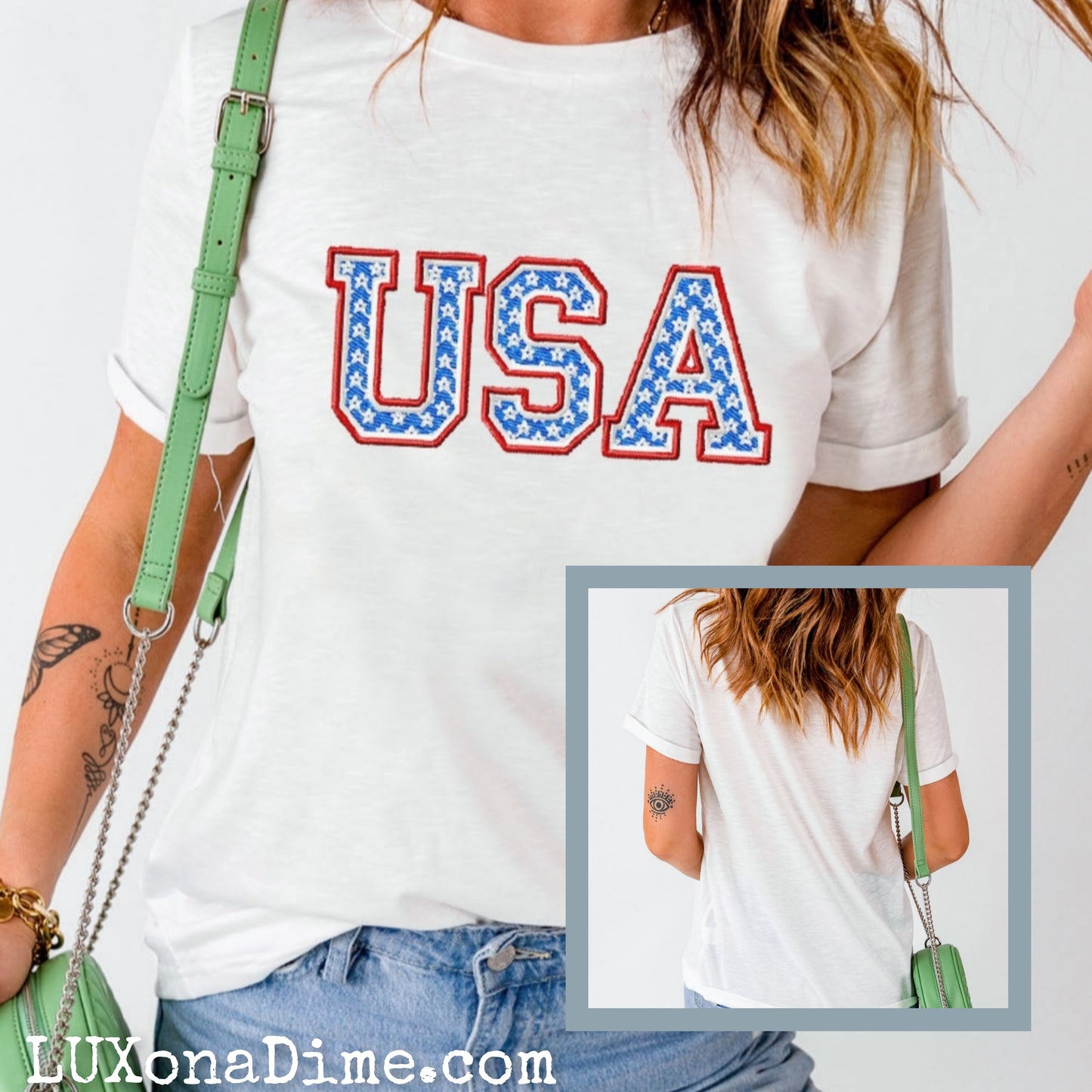 Embroidered USA Patriotic Top Cuffed Short Sleeve T-Shirt