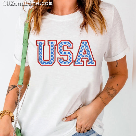 Embroidered USA Patriotic Top Cuffed Short Sleeve American Women Shirt