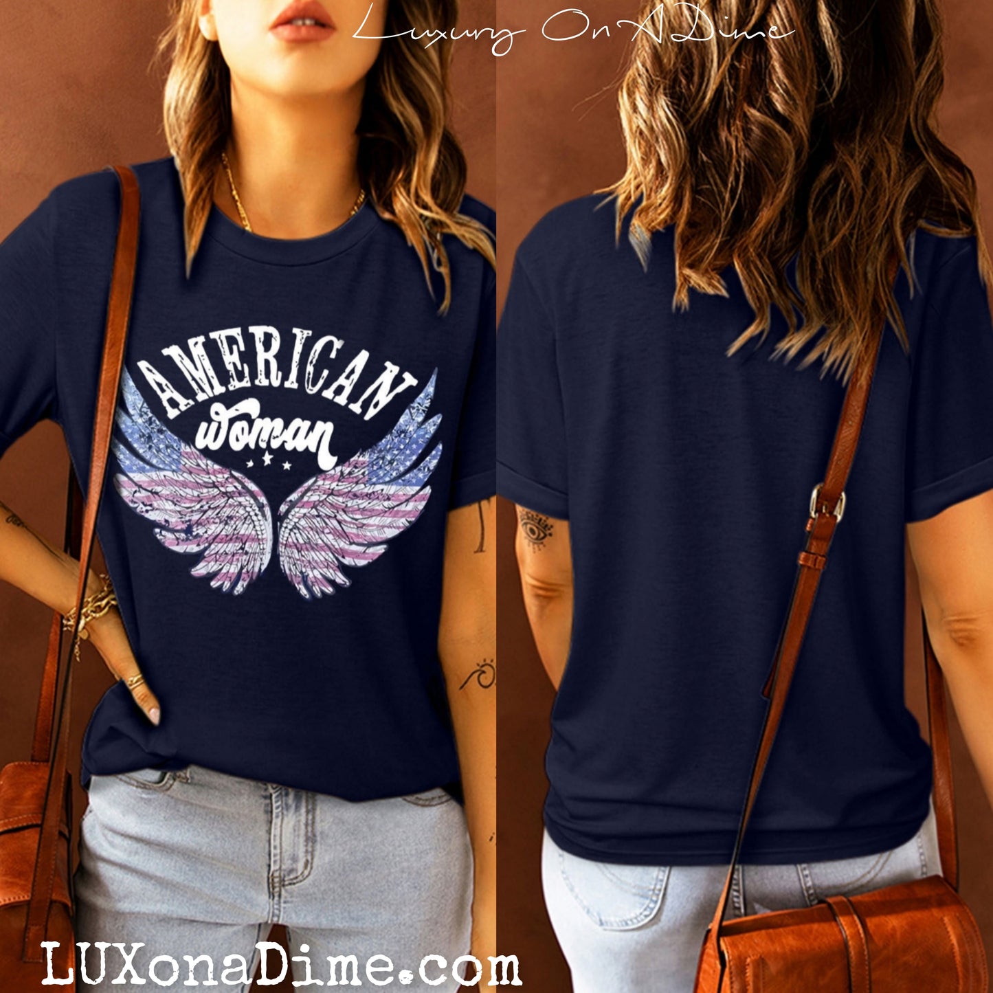 Angel Wing AMERICAN WOMAN Graphic Top Cuffed Short Sleeve Tee Shirt