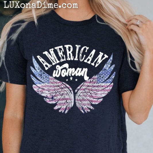Angel Wing AMERICAN WOMAN Graphic Top Cuffed Short Sleeve Tee Shirt