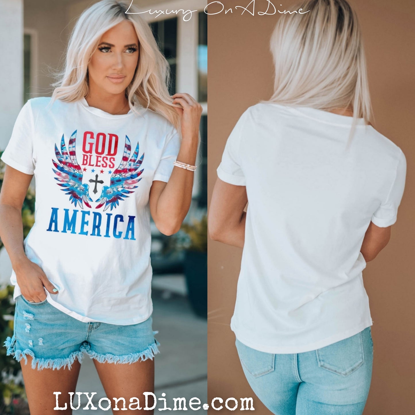 GOD BLESS AMERICA Graphic Top Cuffed Short Sleeve Tee Shirt